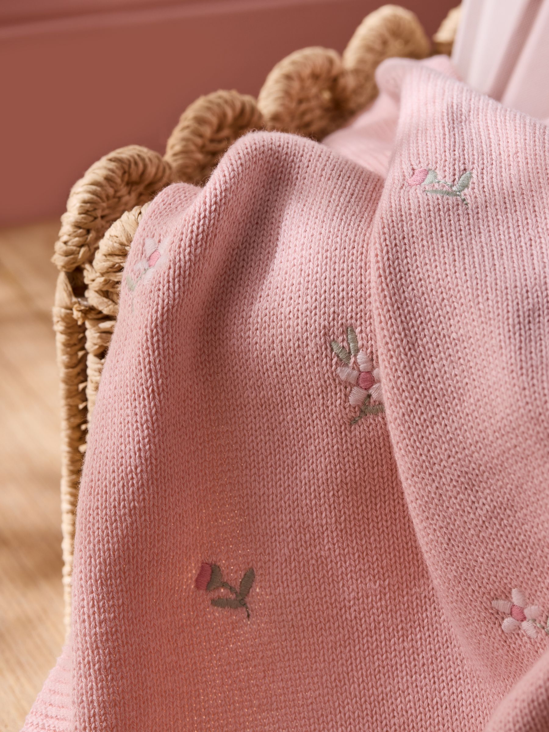Pink Embroidered Flower Baby Blanket