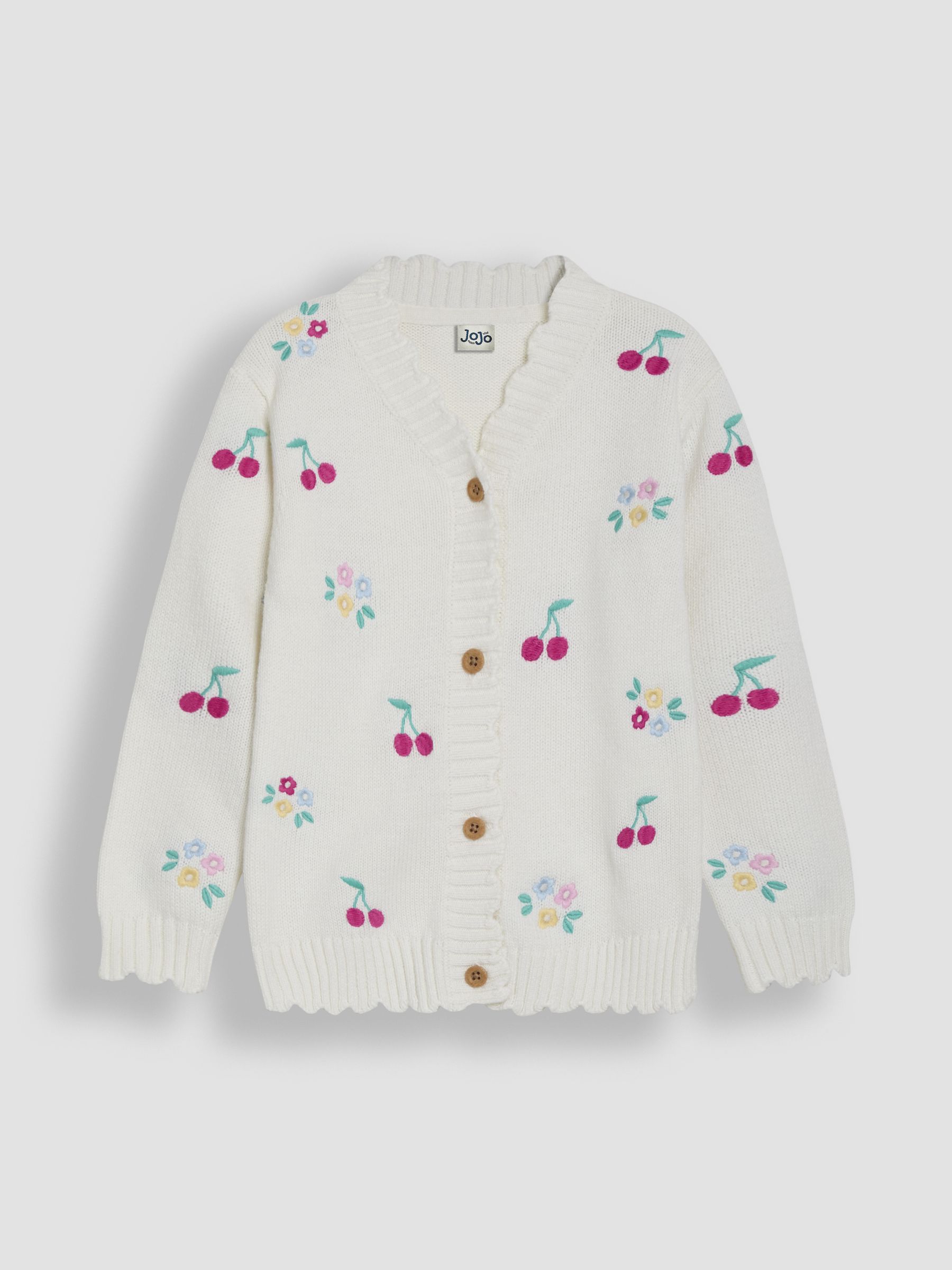 Cream Floral Cherry Embroidered V-Neck Cardigan