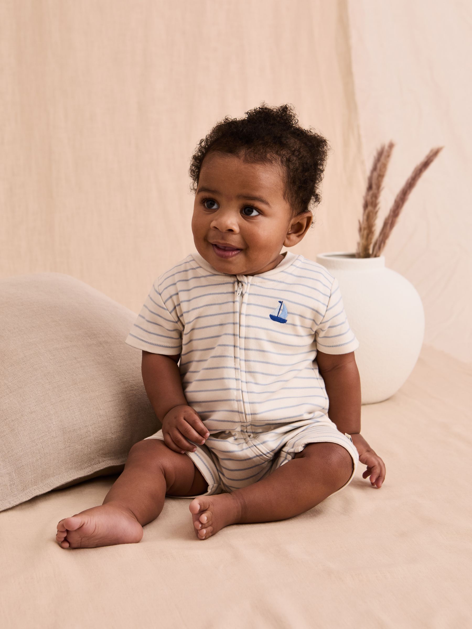 Cream Cotton Short-Sleeved Stripe Romper