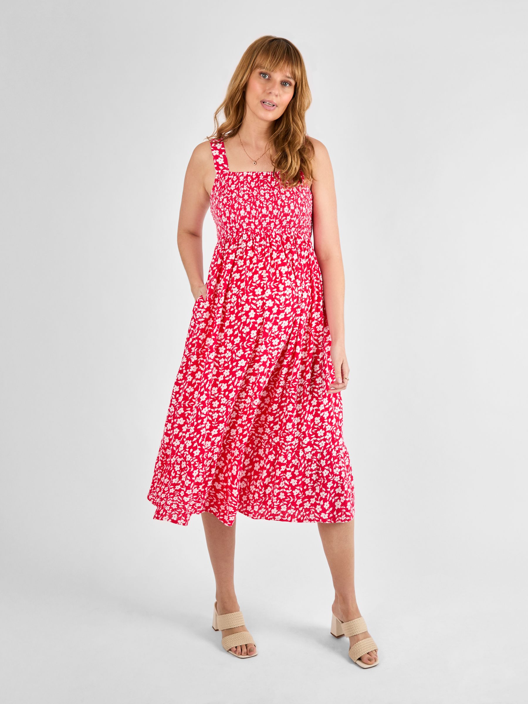 Pink Floral Shirred Maternity Midi Dress