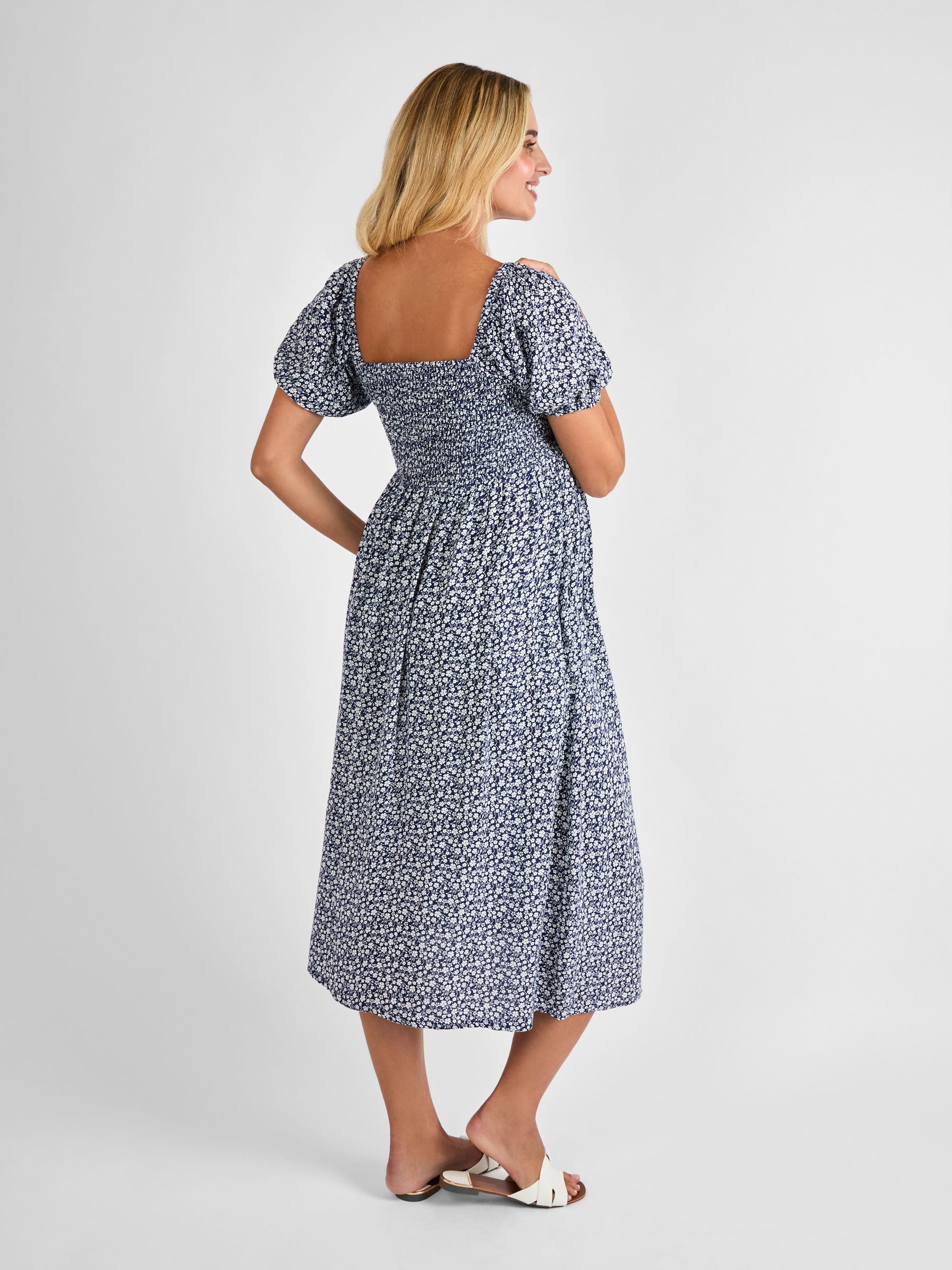 Navy Blue Ditsy Shirred Maternity Midi Dress