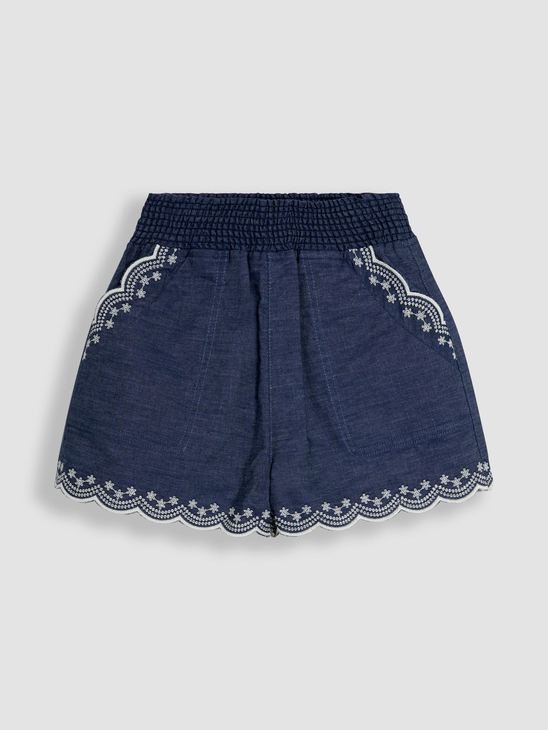 Chambray Blue Broderie Scallop Pocket Shorts