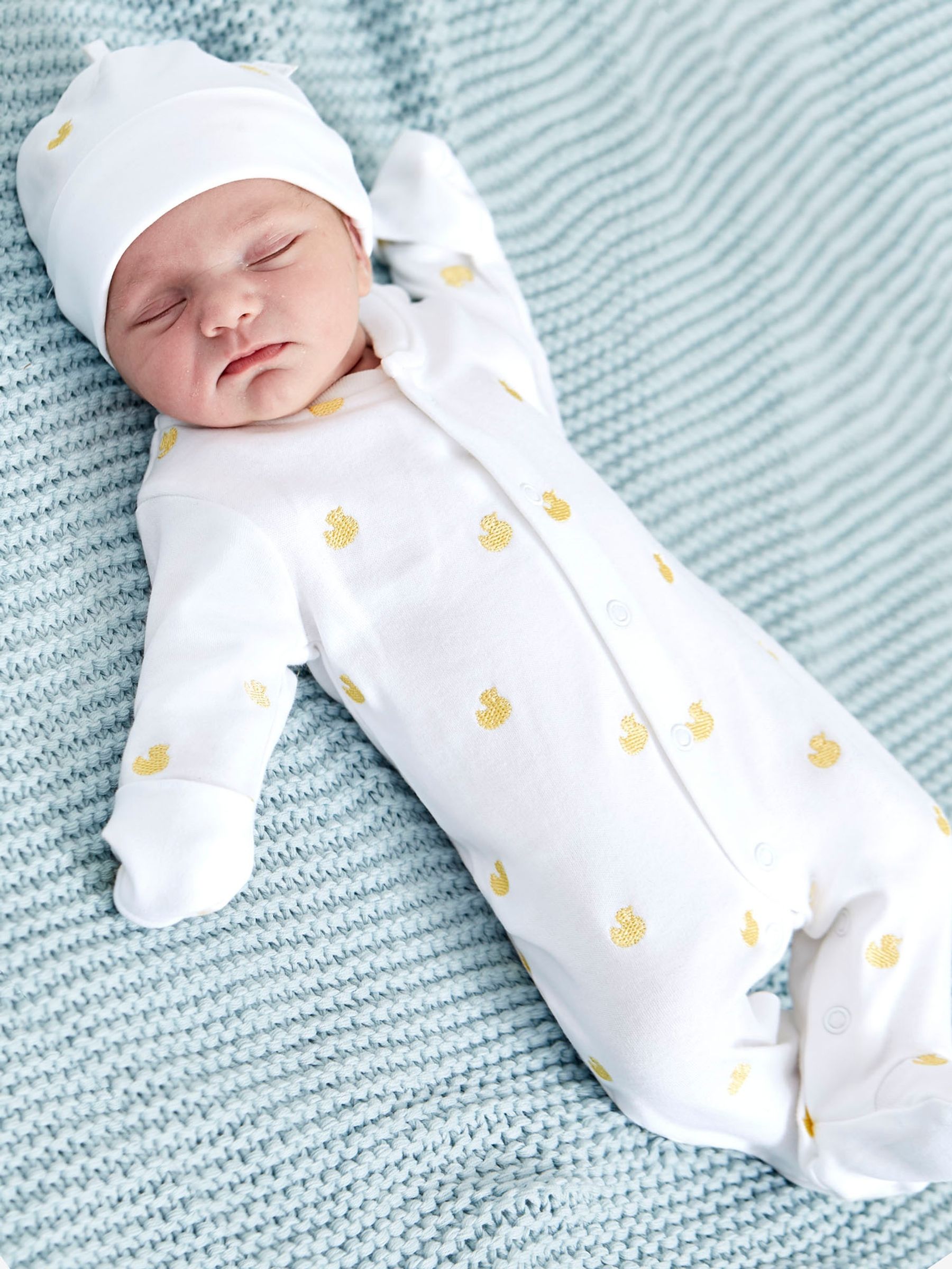 Yellow 100% Organic Cotton Duck Embroidered Sleepsuit