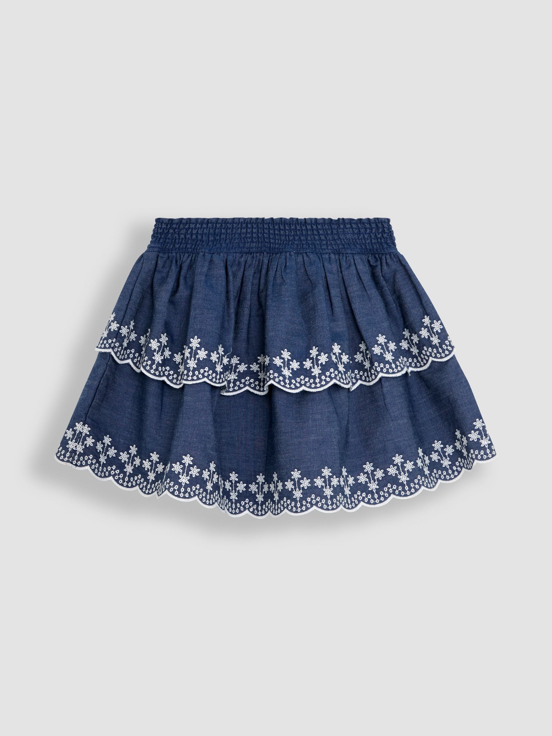 Blue Broderie Scallop Hem Tiered Skirt