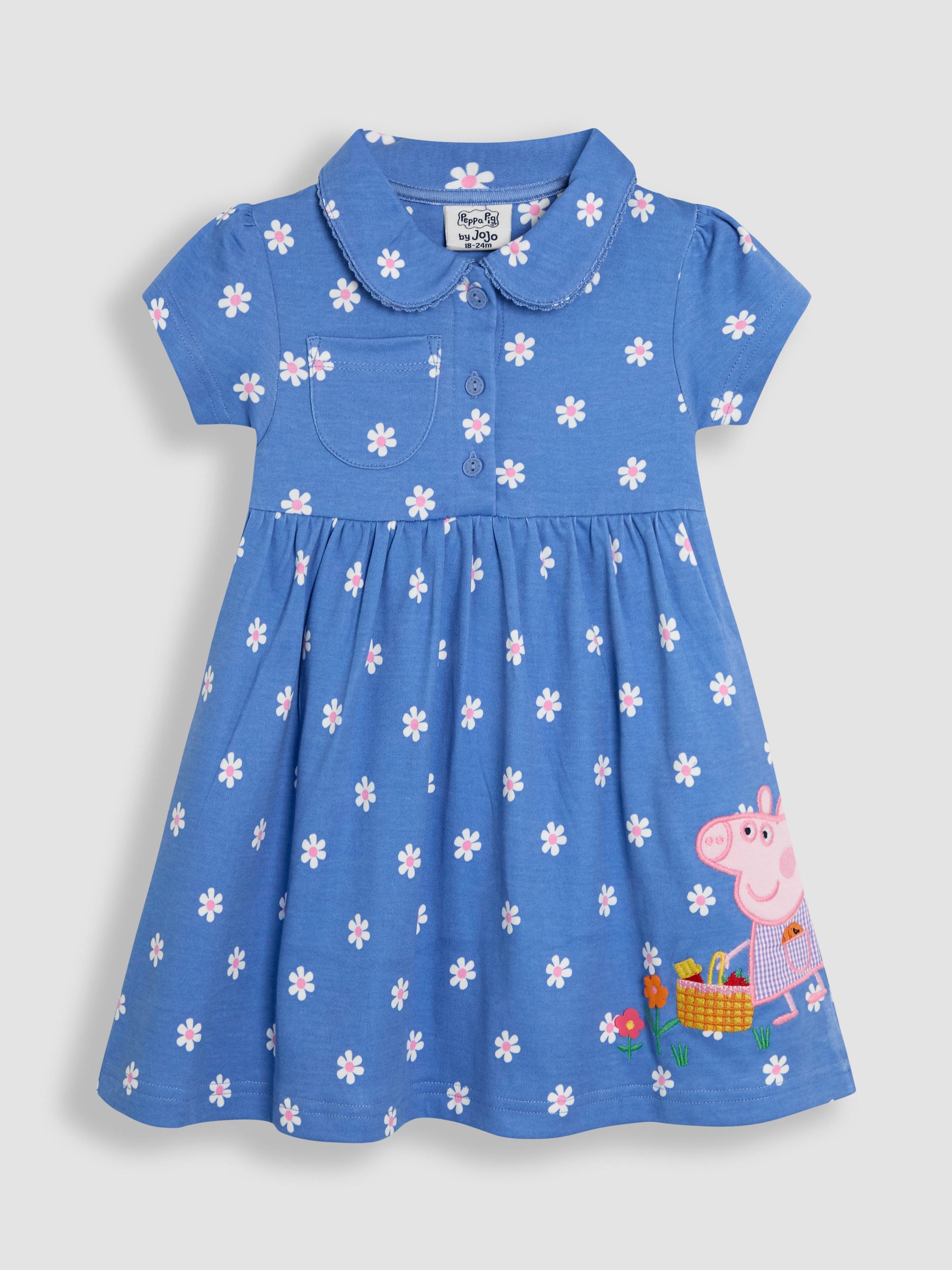 Blue Peppa Pig Appliqué Button Front 100% Cotton Dress
