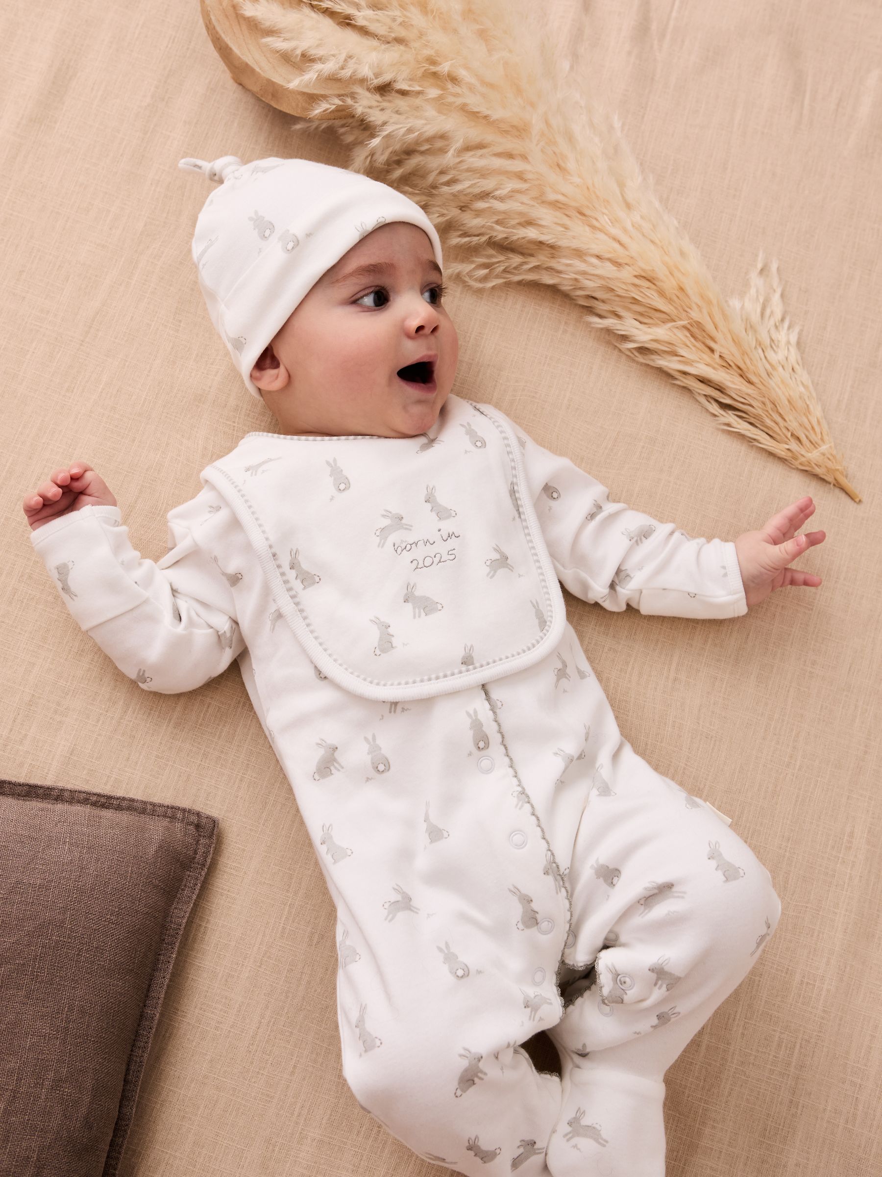 White Born In 2025 Cotton 4-Piece Baby Gifting Set