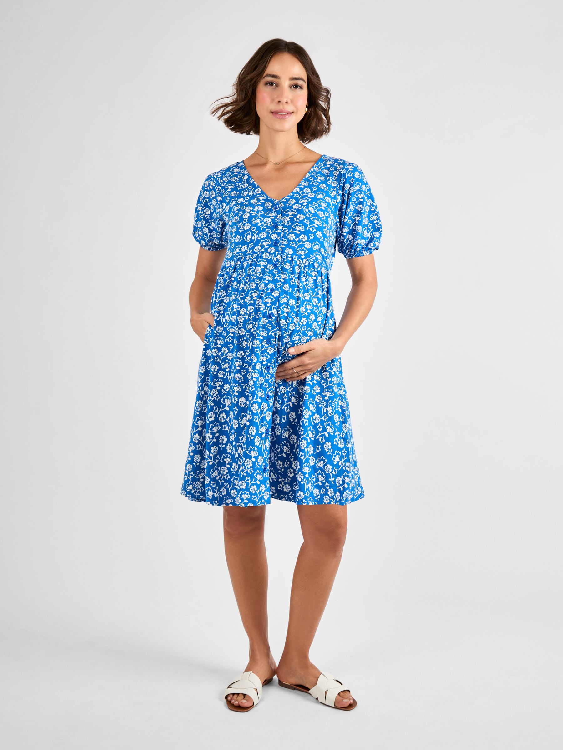 Blue Floral Button Through Maternity Jersey Dress