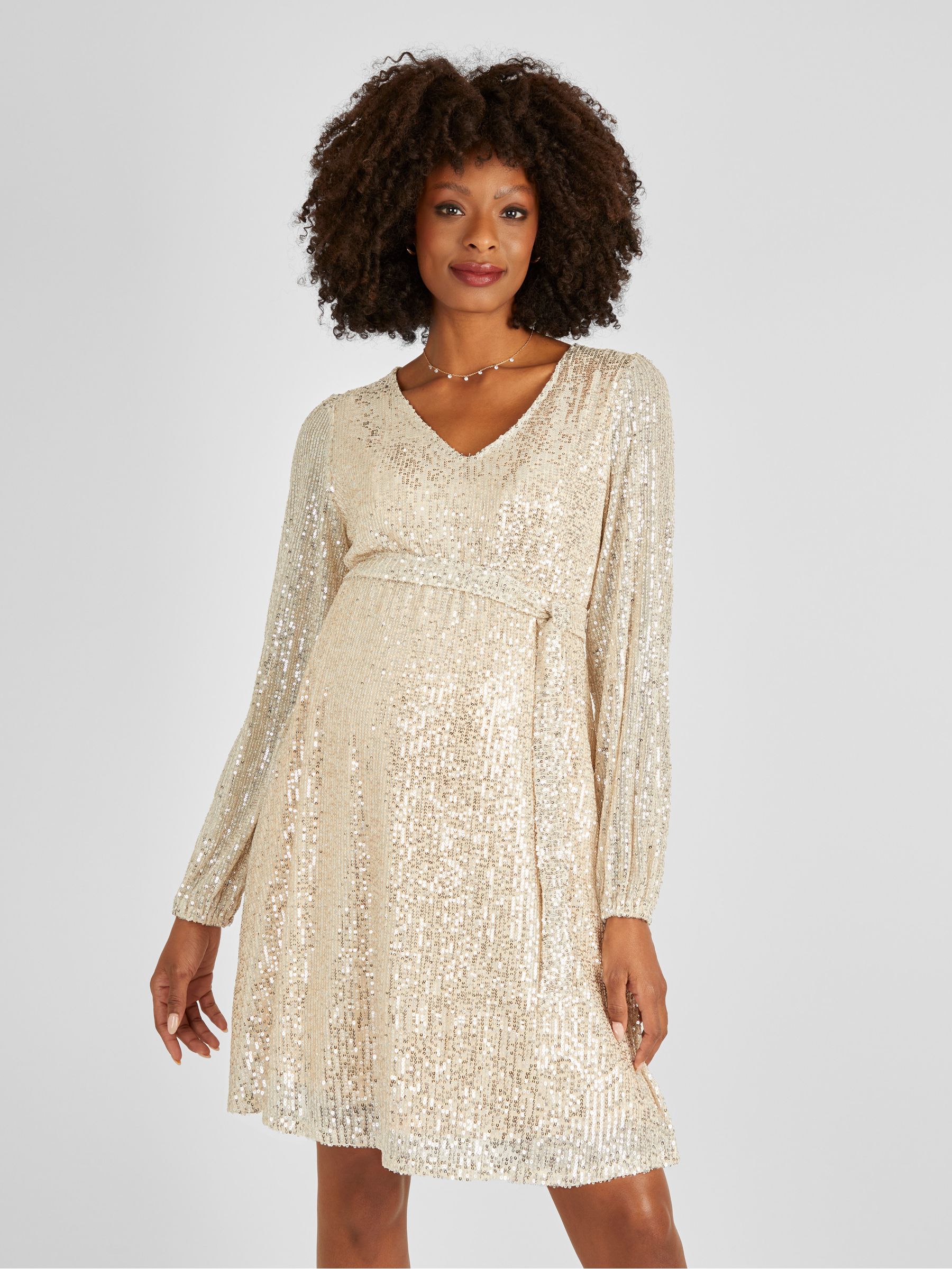 Champagne Gold Sequin V-Neck Maternity Mini Dress
