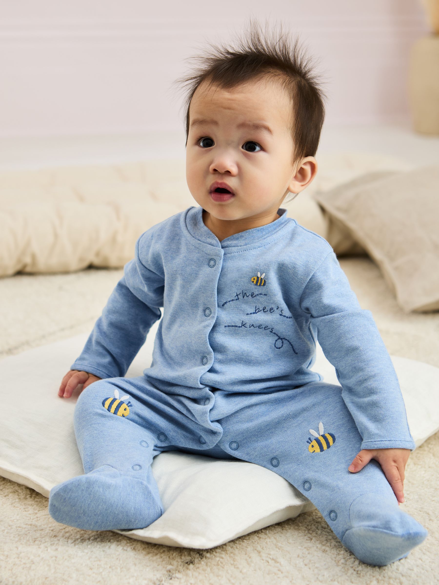 Blue Cotton Footed Appliqué Popper Sleepsuit