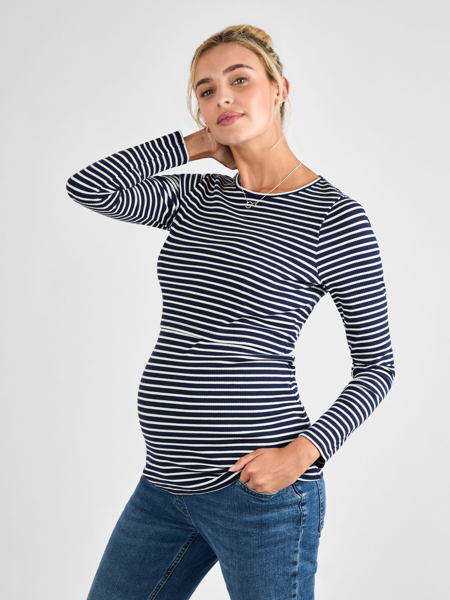 Navy White Stripe Ribbed Maternity & Nursing Stripe Top