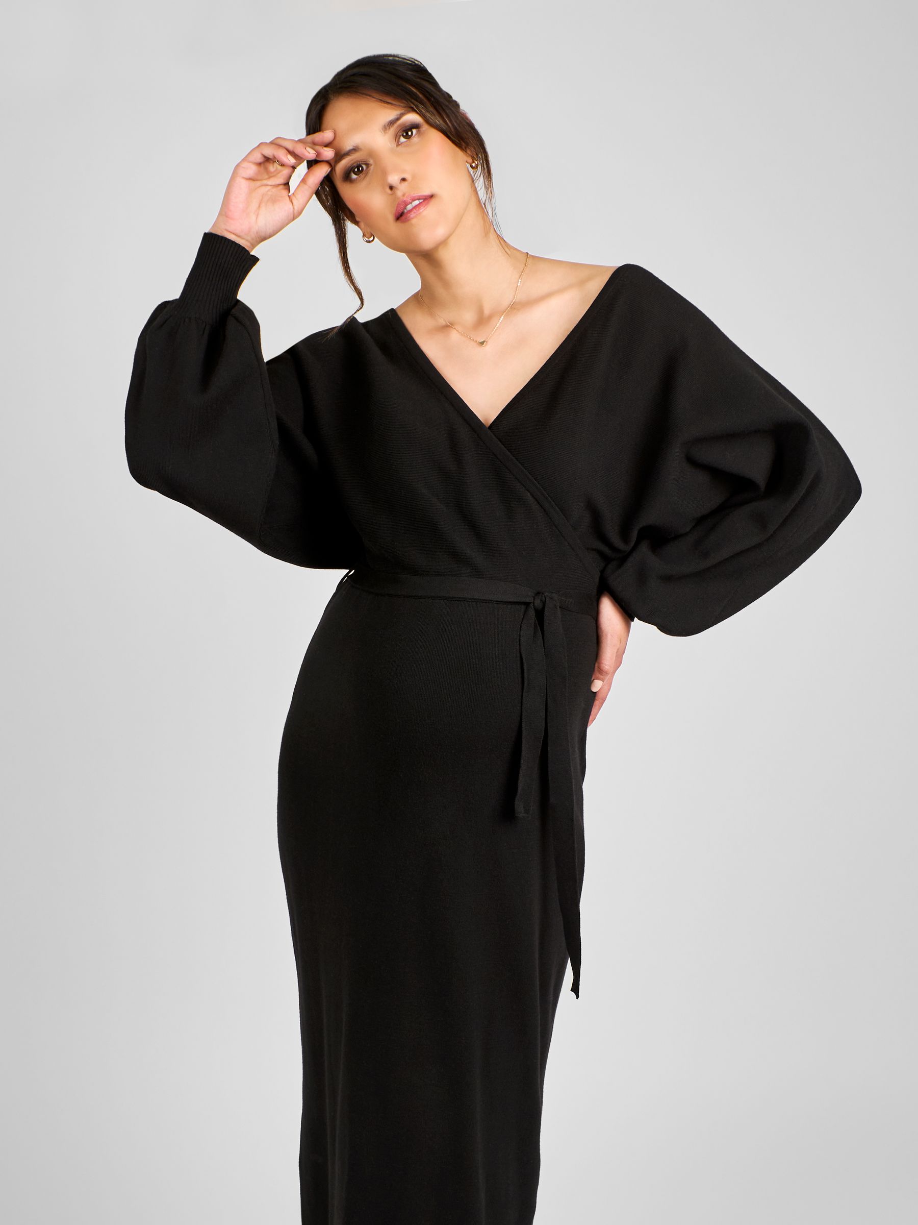 Black Knitted Blouson Sleeve V-Neck Maternity Dress