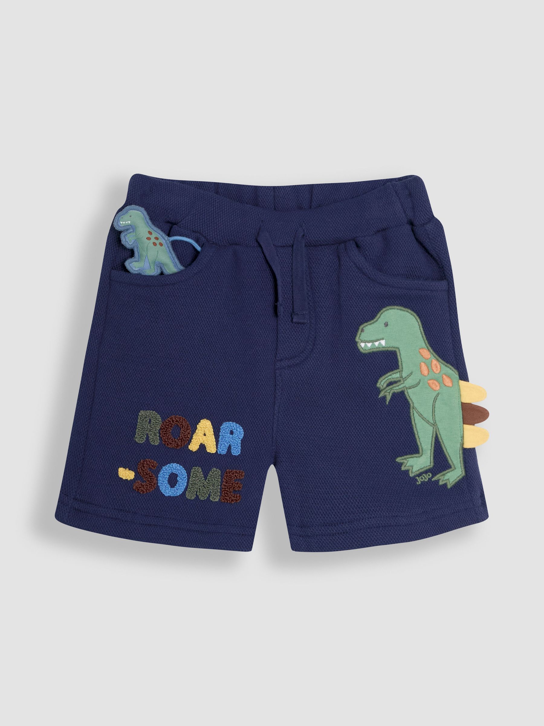 Navy Blue T-Rex Appliqué Textured Shorts