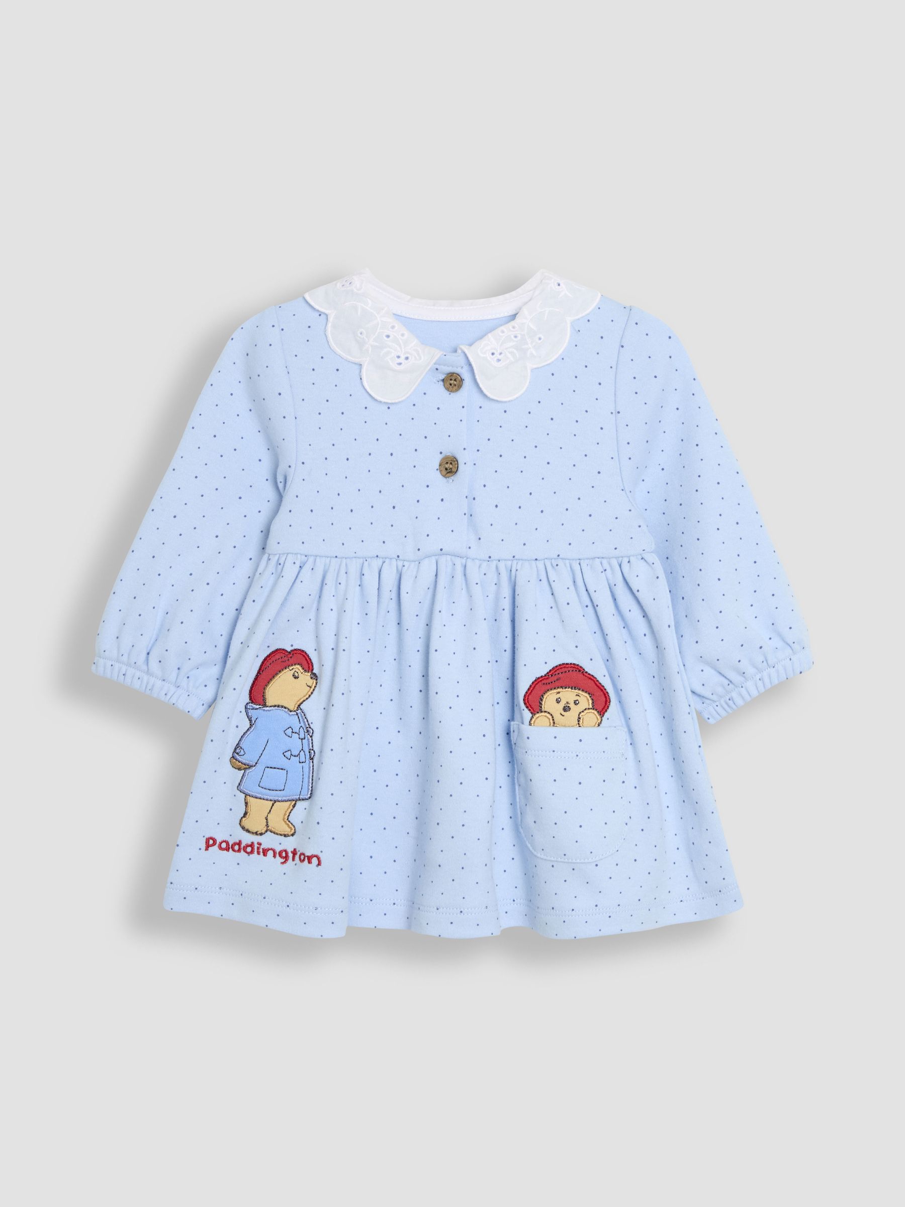Blue Paddington Appliqué Button Front Dress & Tights Set