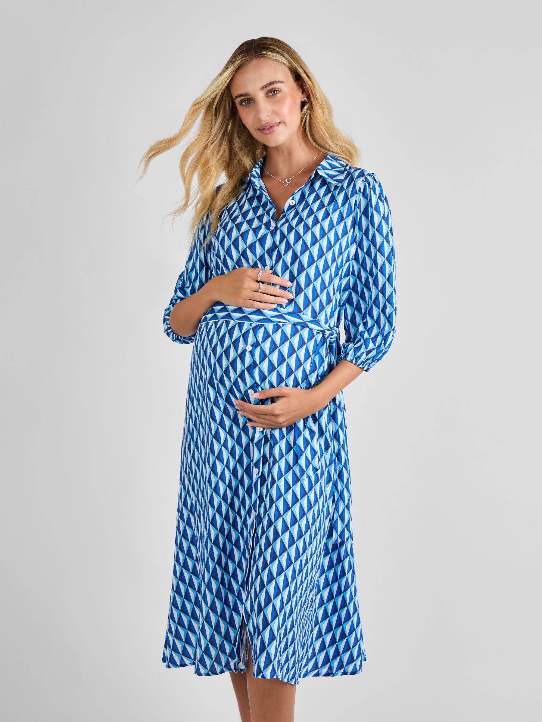 Blue Button Through Maternity Midi Shirt Dress