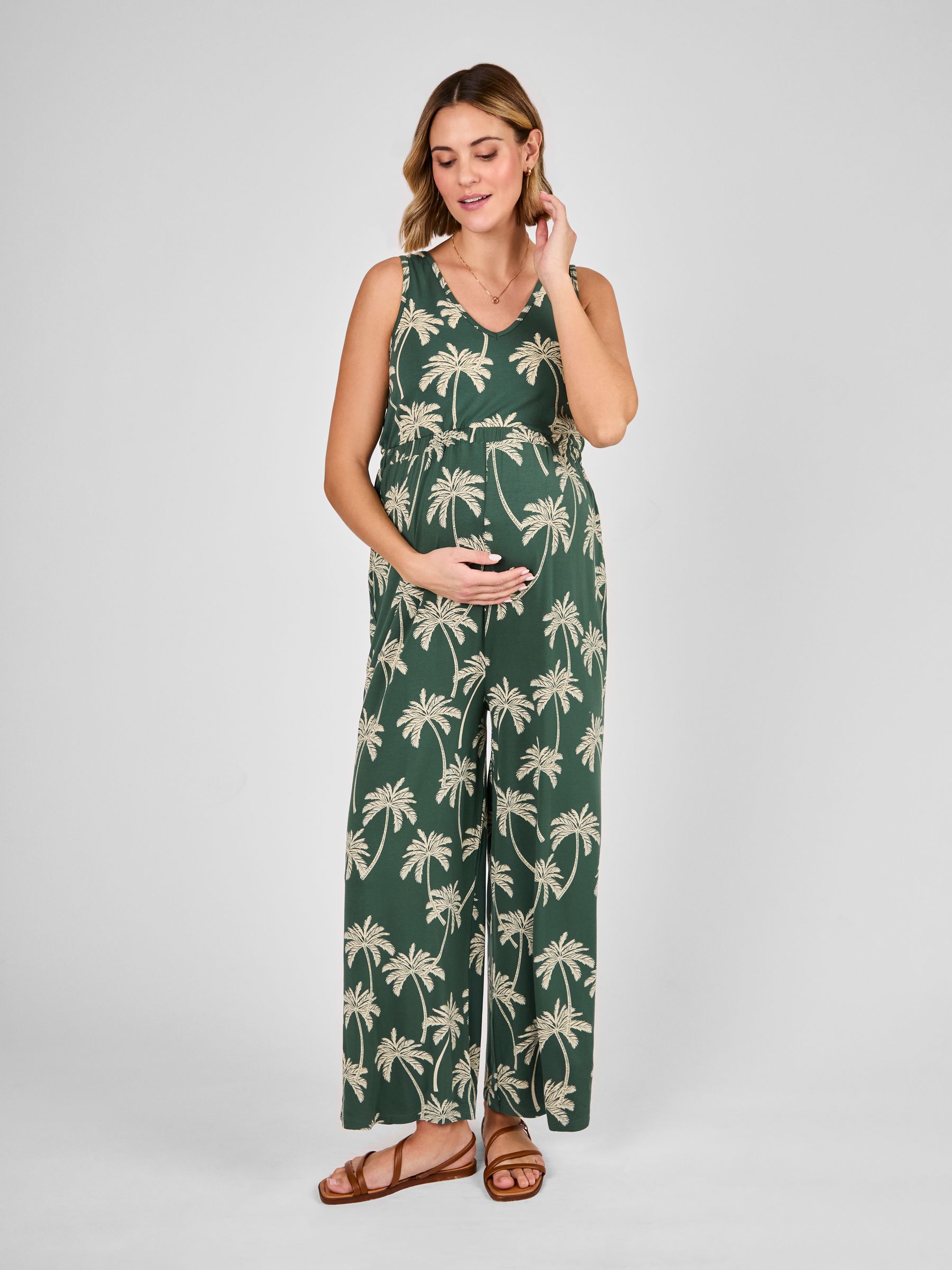 Khaki Maternity Palm Print Wide Leg Jersey Jumpsuit