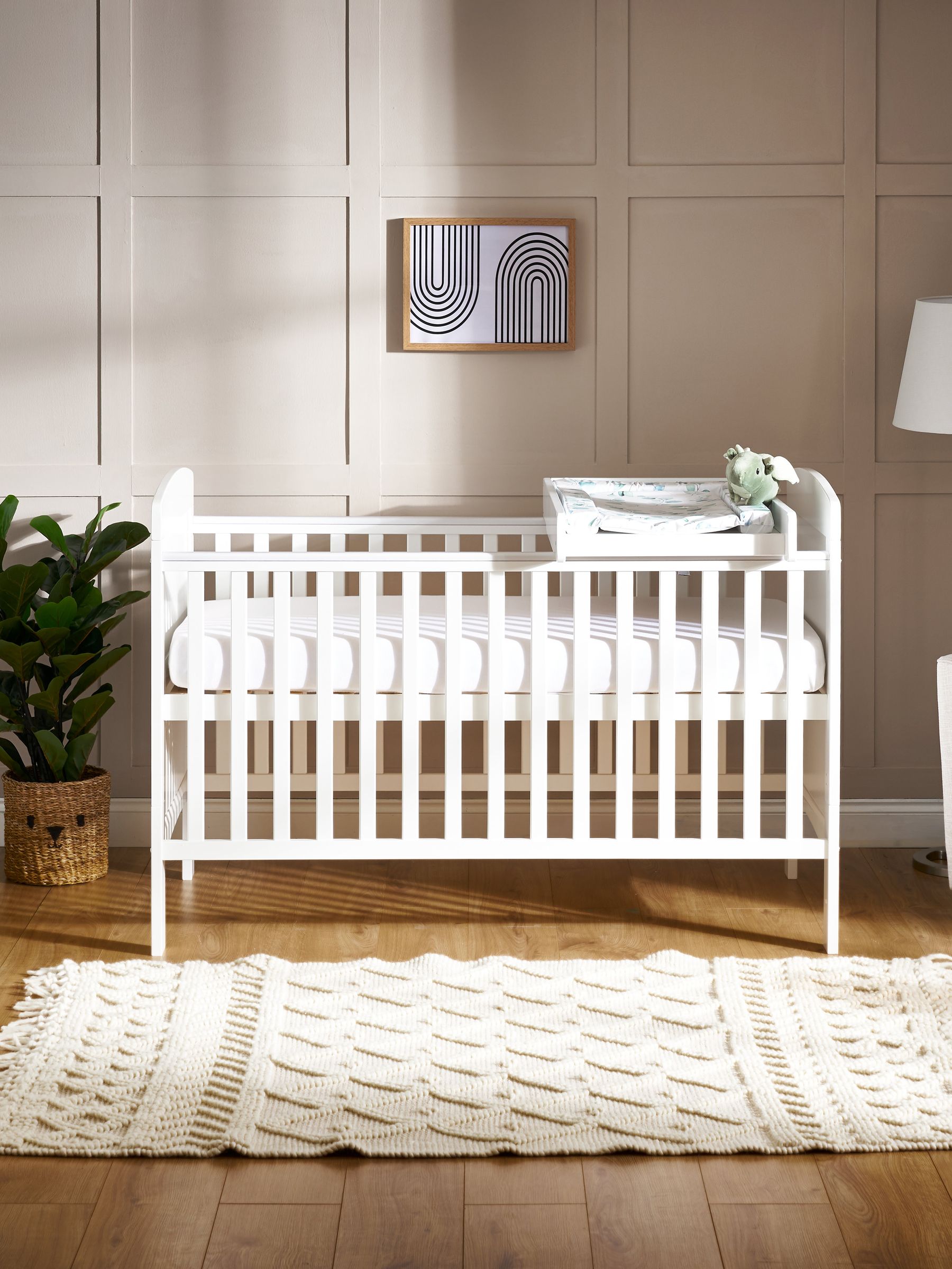 Obaby White Grace Cot Bed, Cot Top Changer and Fibre Mattress