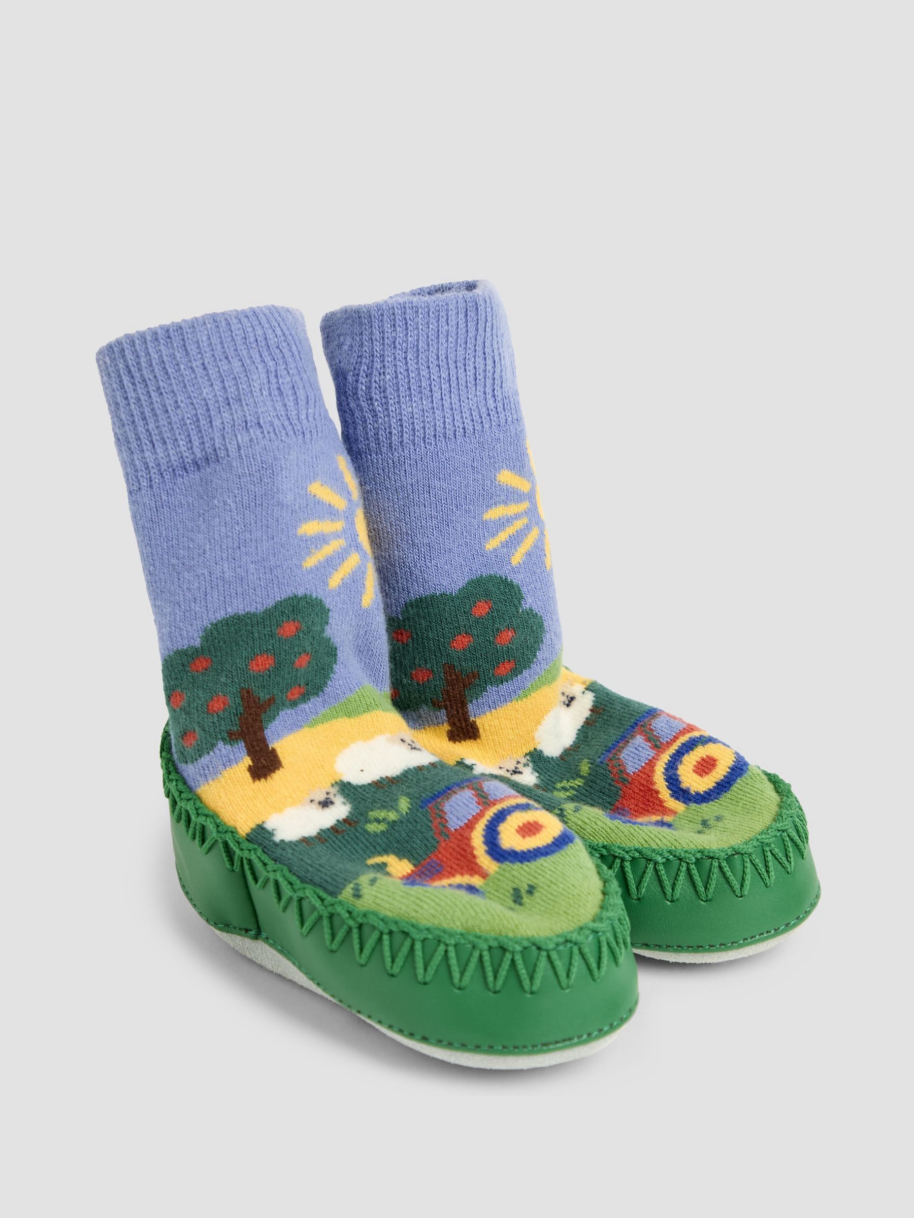 Farm Scene Moccasin Slipper Socks in Blue