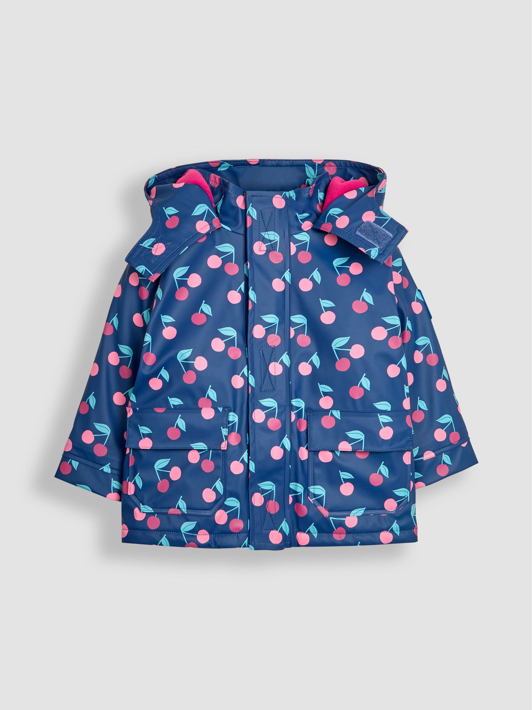 Navy Cherry Hooded Cosy Lined Waterproof Jacket