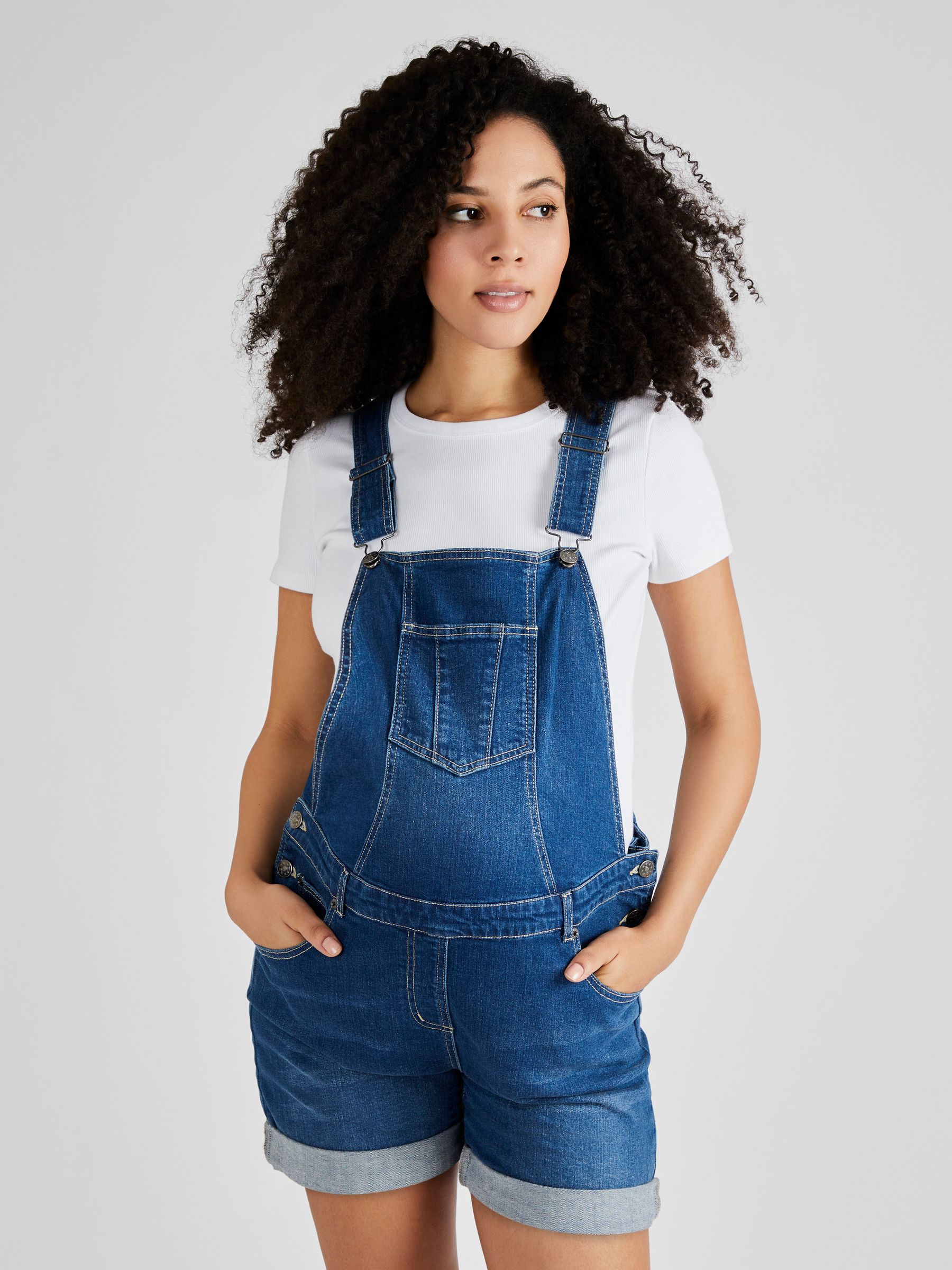 Mid Wash Blue Denim Short Maternity Dungarees