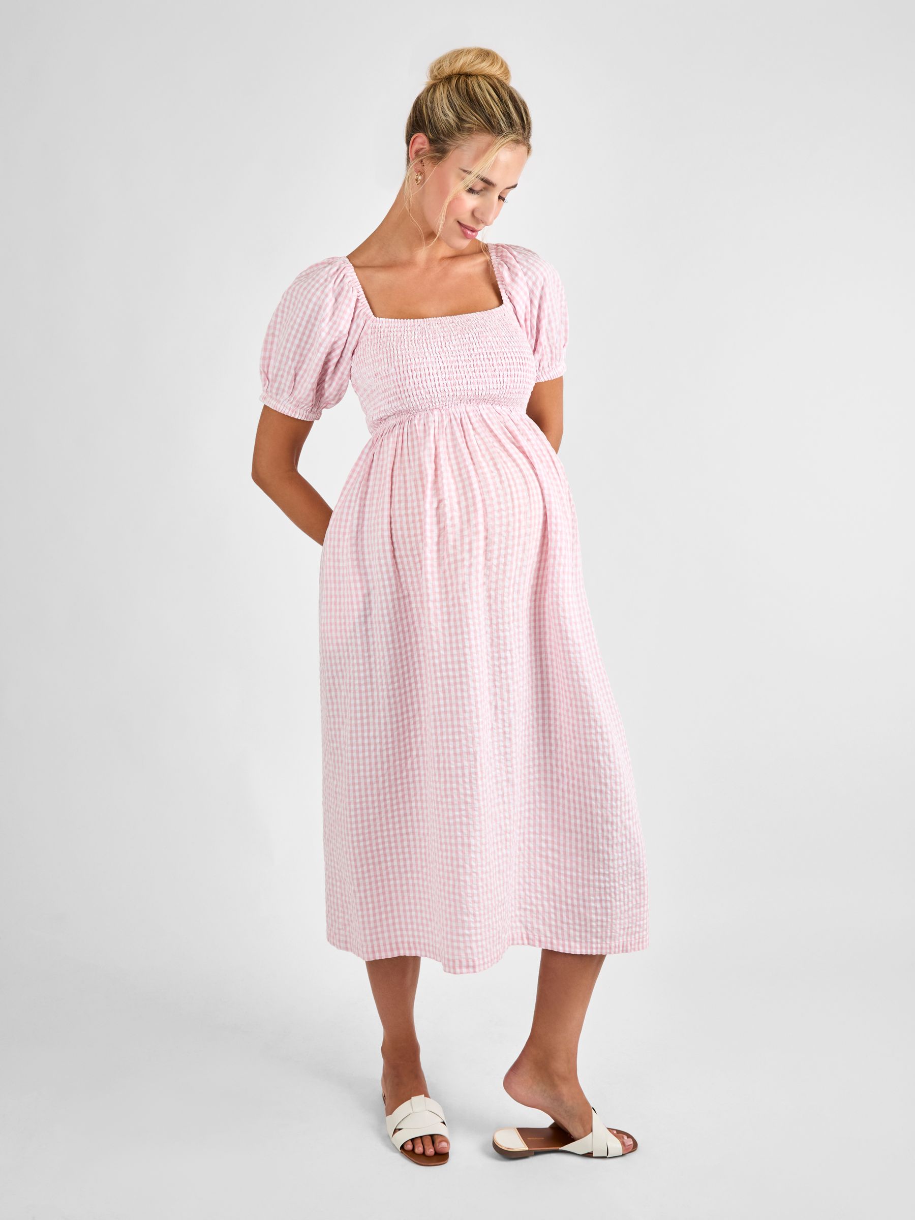 Pink Gingham Shirred Maternity Midi Dress