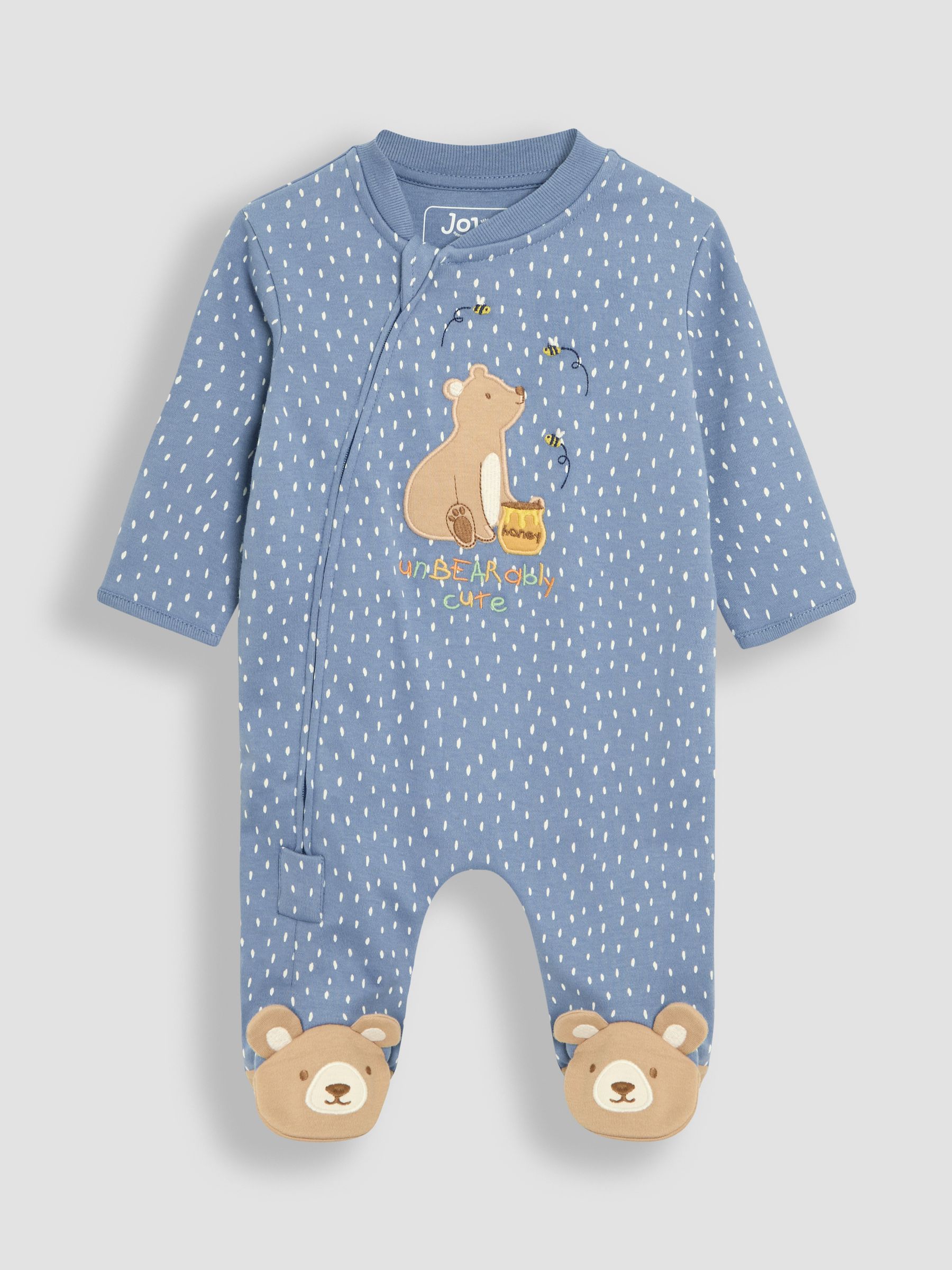Blue 100% Cotton Footed Appliqué Zip Sleepsuit