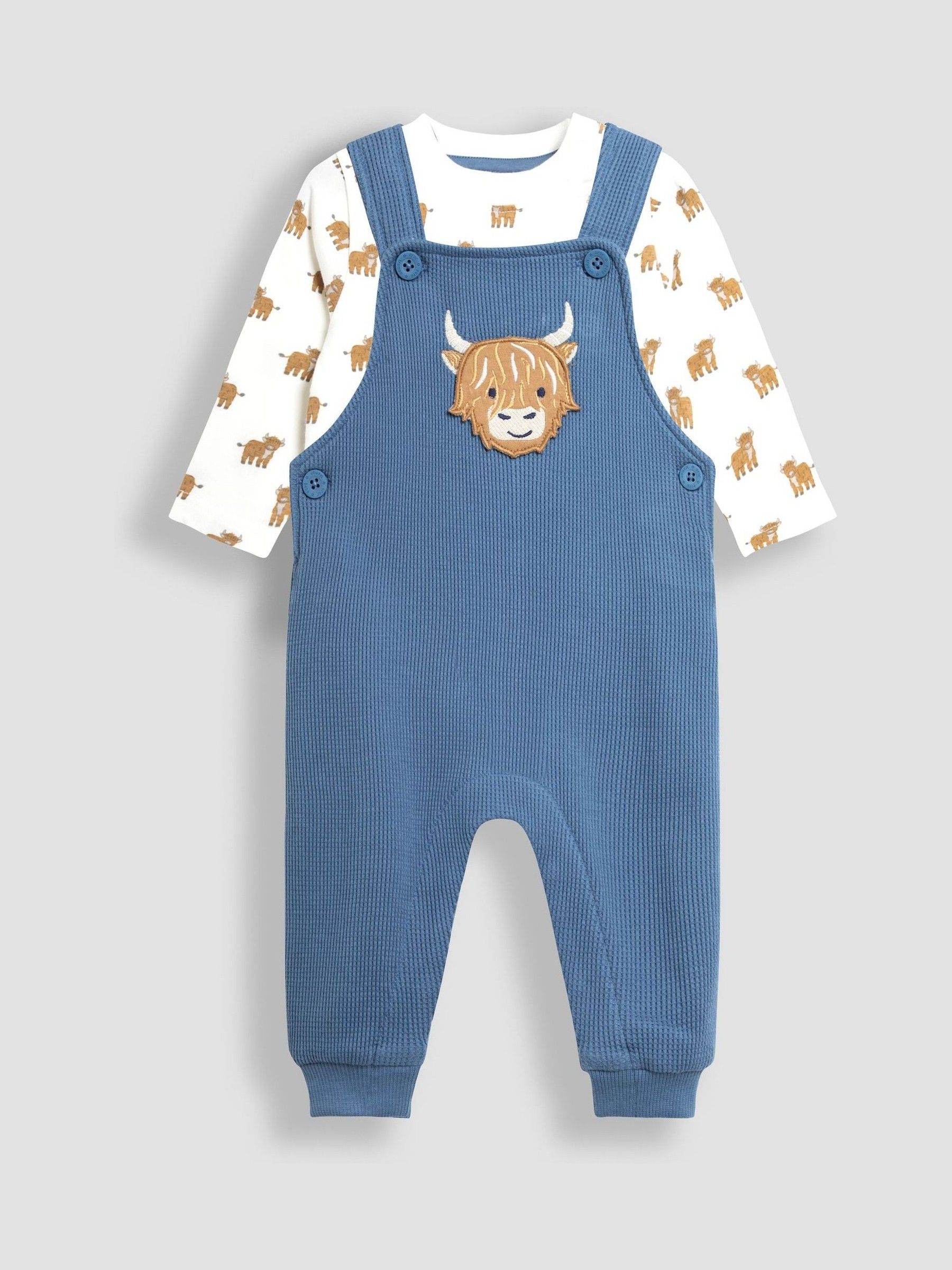 Blue Highland Cow Appliqué Dungarees & Print Top Set