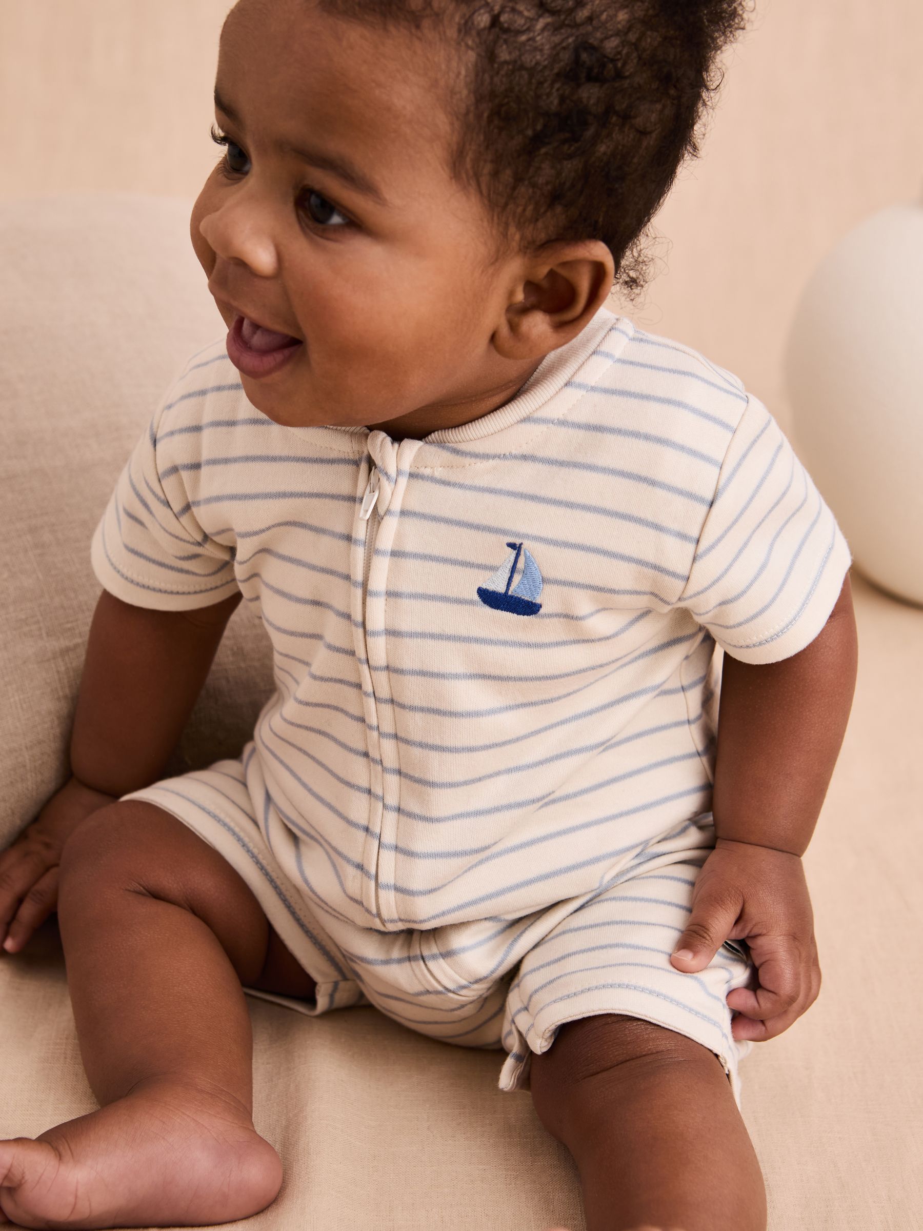 Cream Cotton Short-Sleeved Stripe Romper