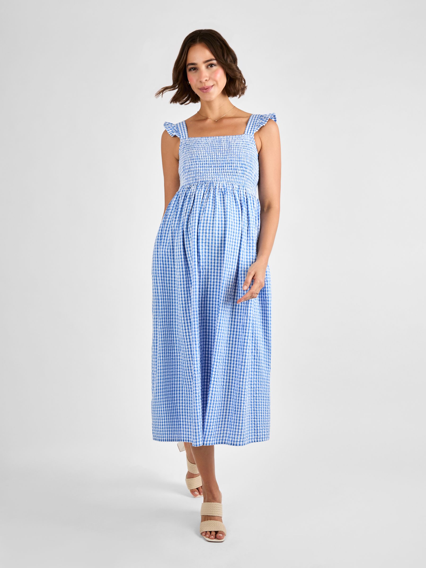 Blue Gingham Shirred Maternity Midi Dress