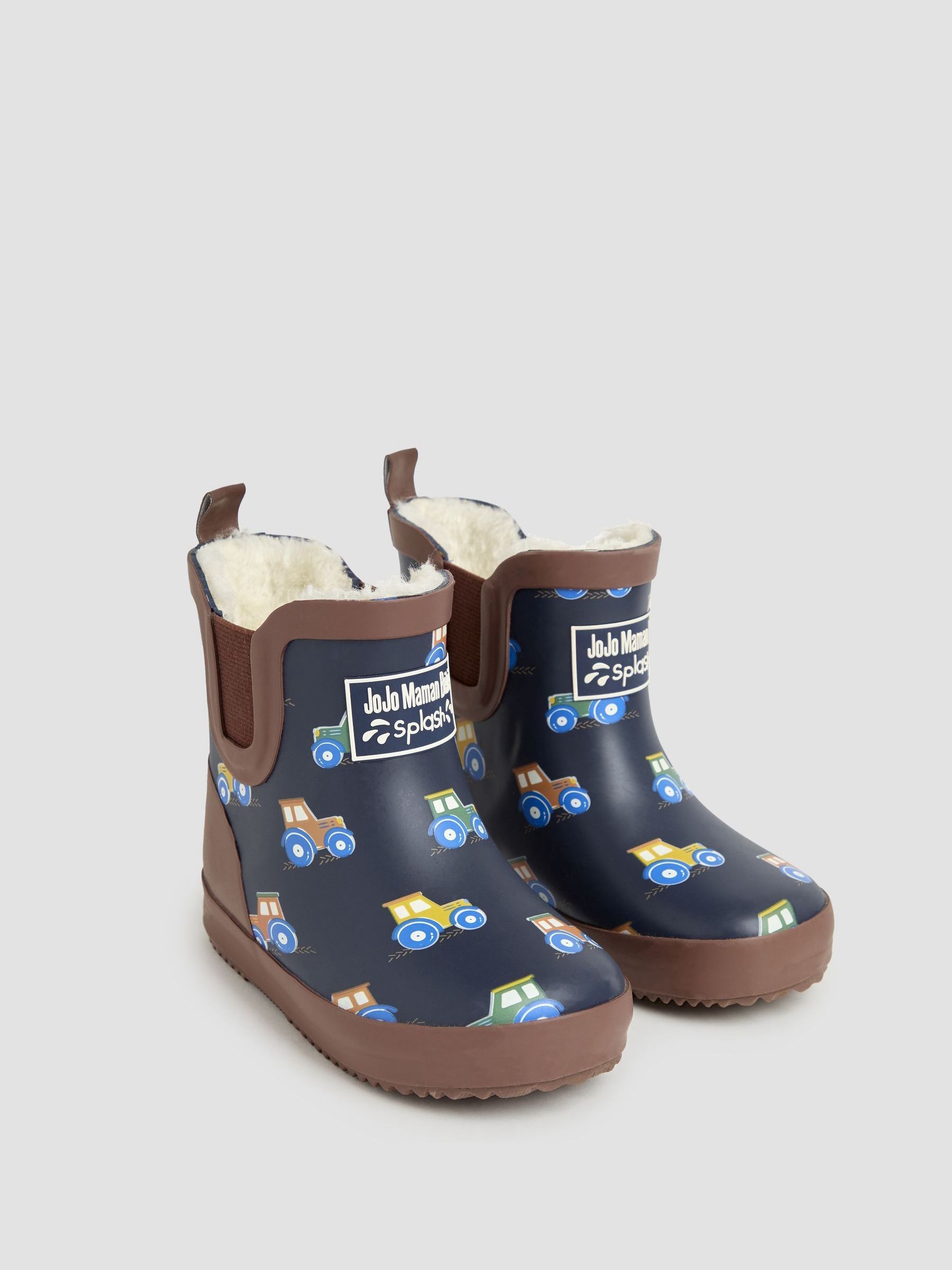 Navy Blue Tractor Cosy Lined Fox Print Ankle Wellies