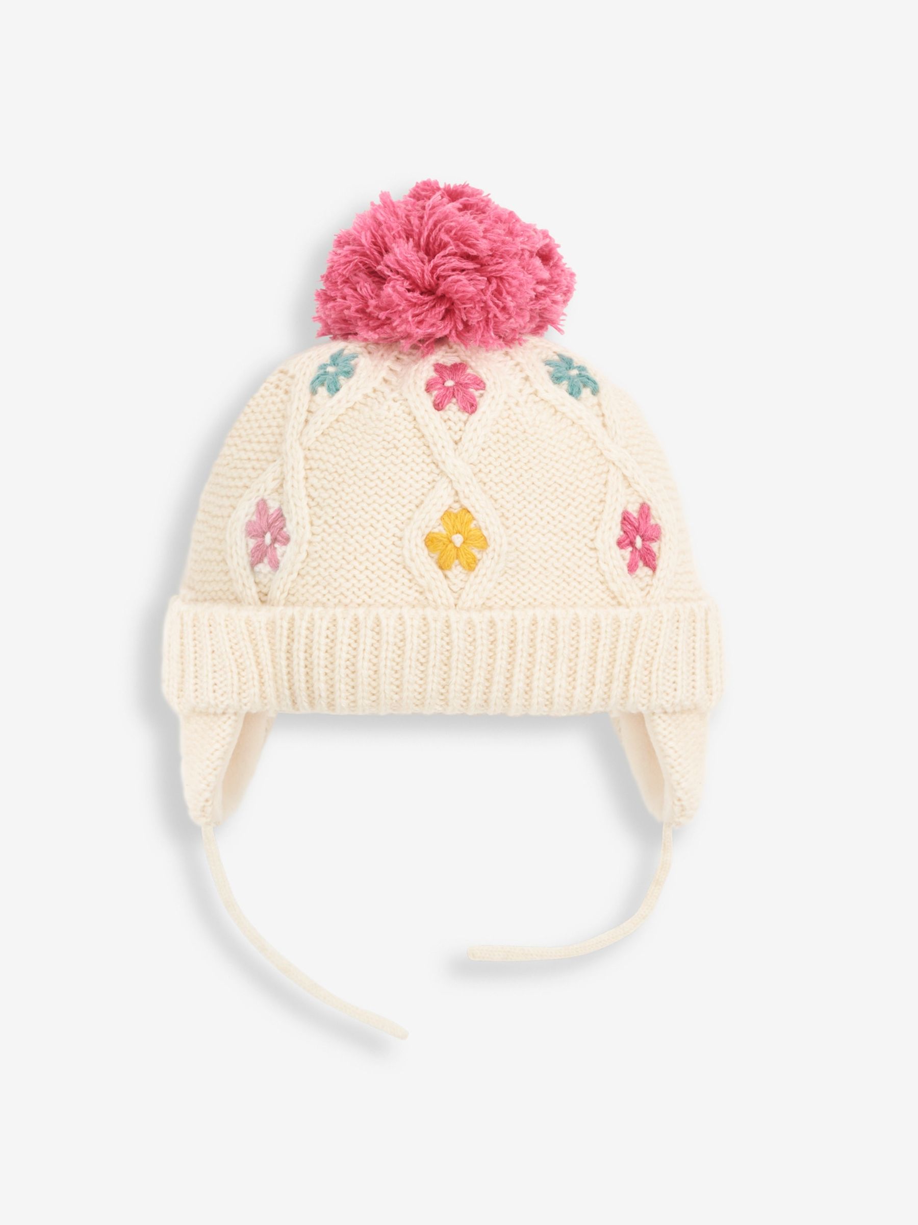 Cream Floral Floral Embroidered Cable Hat