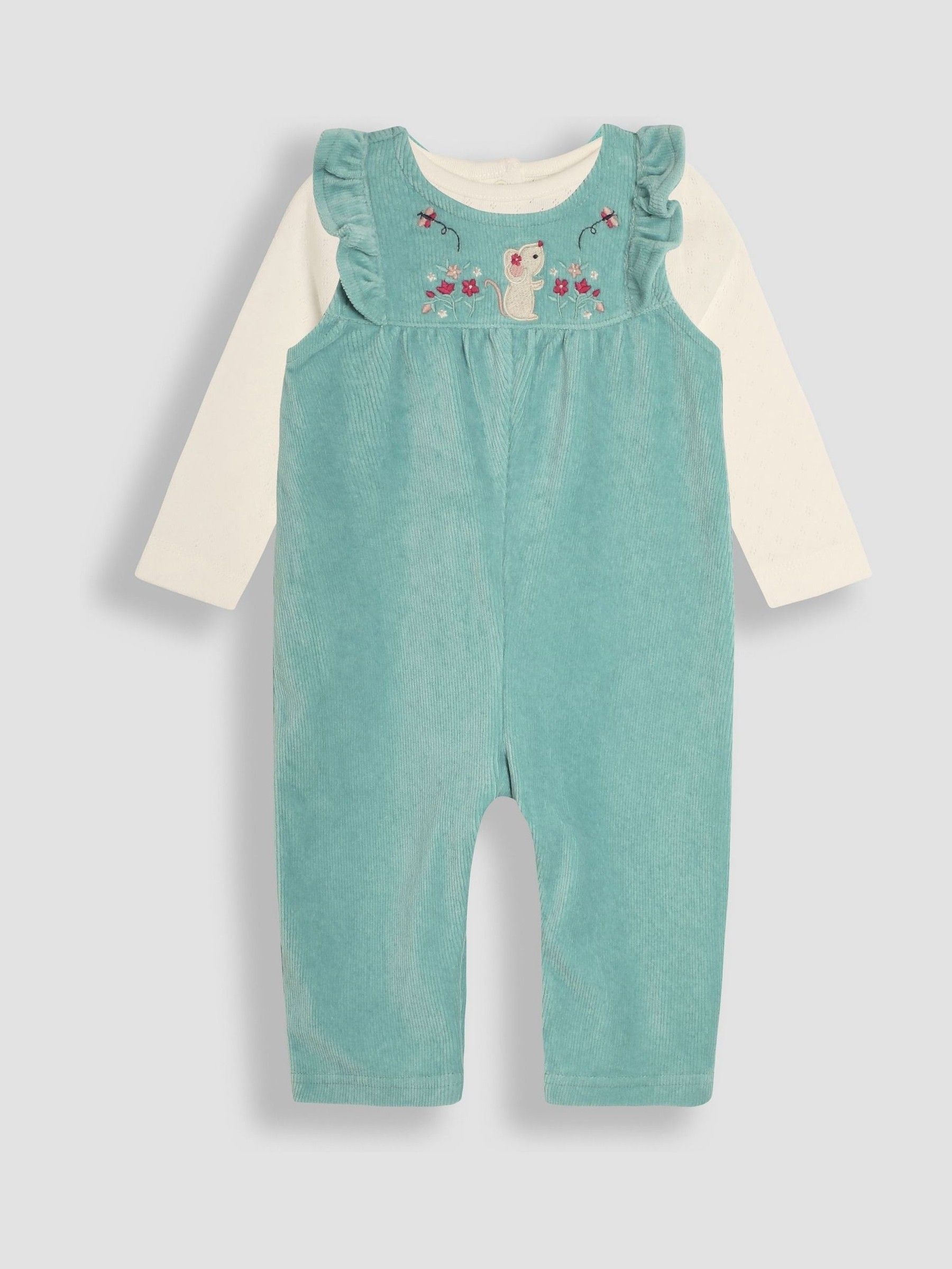 Duck Egg Mouse Appliqué Velour Dungarees and Top Set