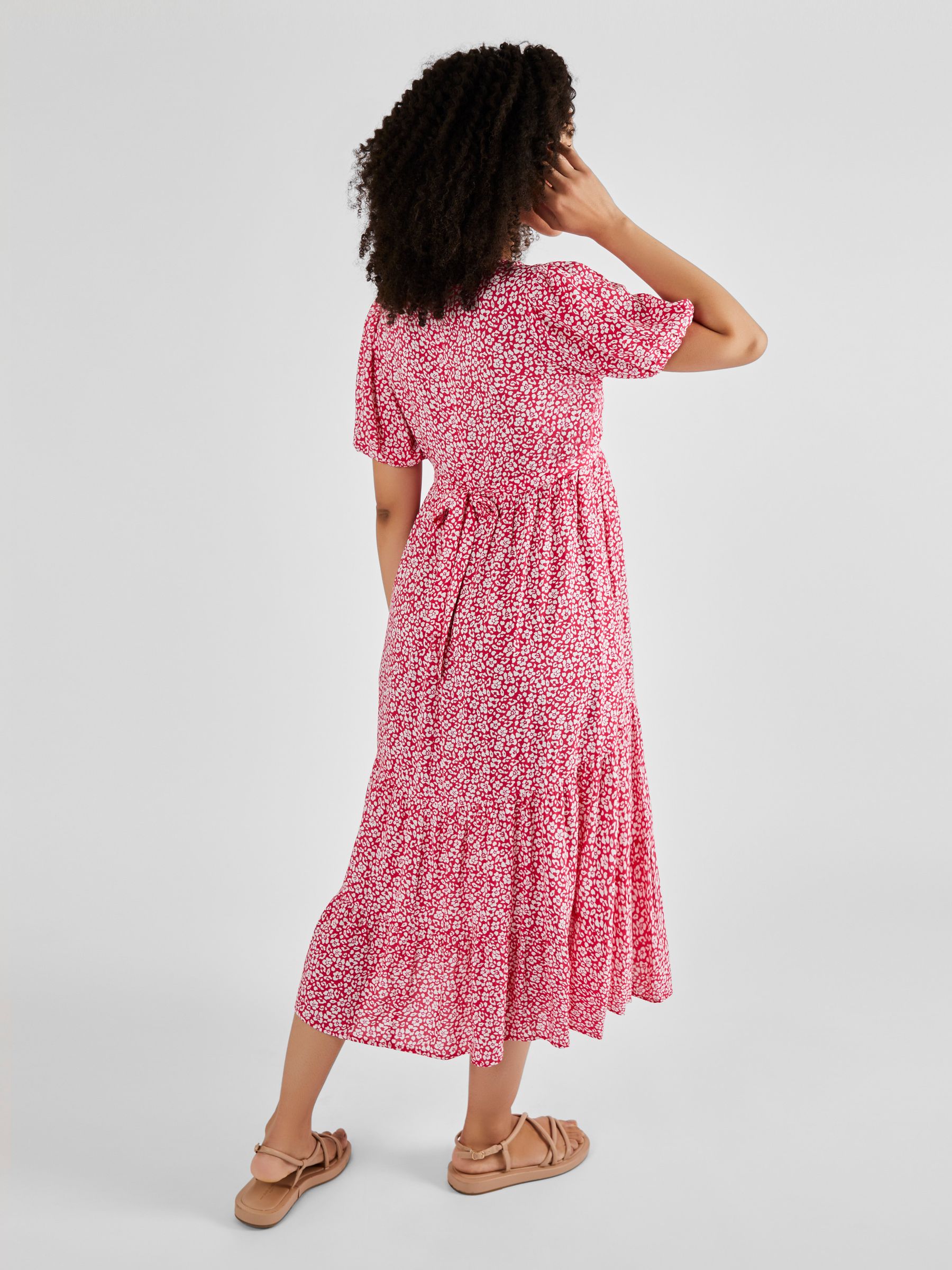 Pink Floral Print Tiered Maternity and Nursing Midi Dress