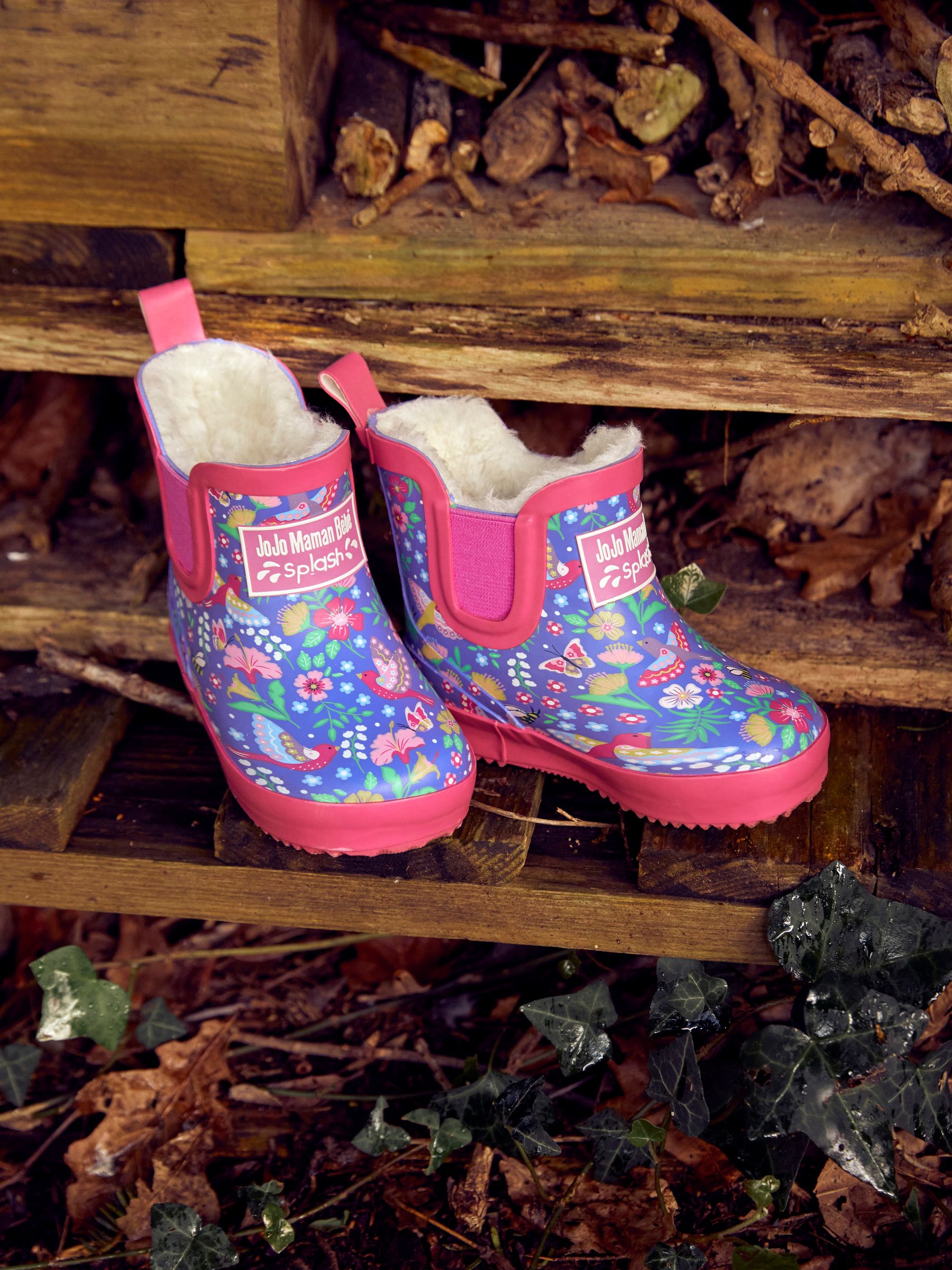 Purple Cosy Lined Bird Floral Ankle Wellies