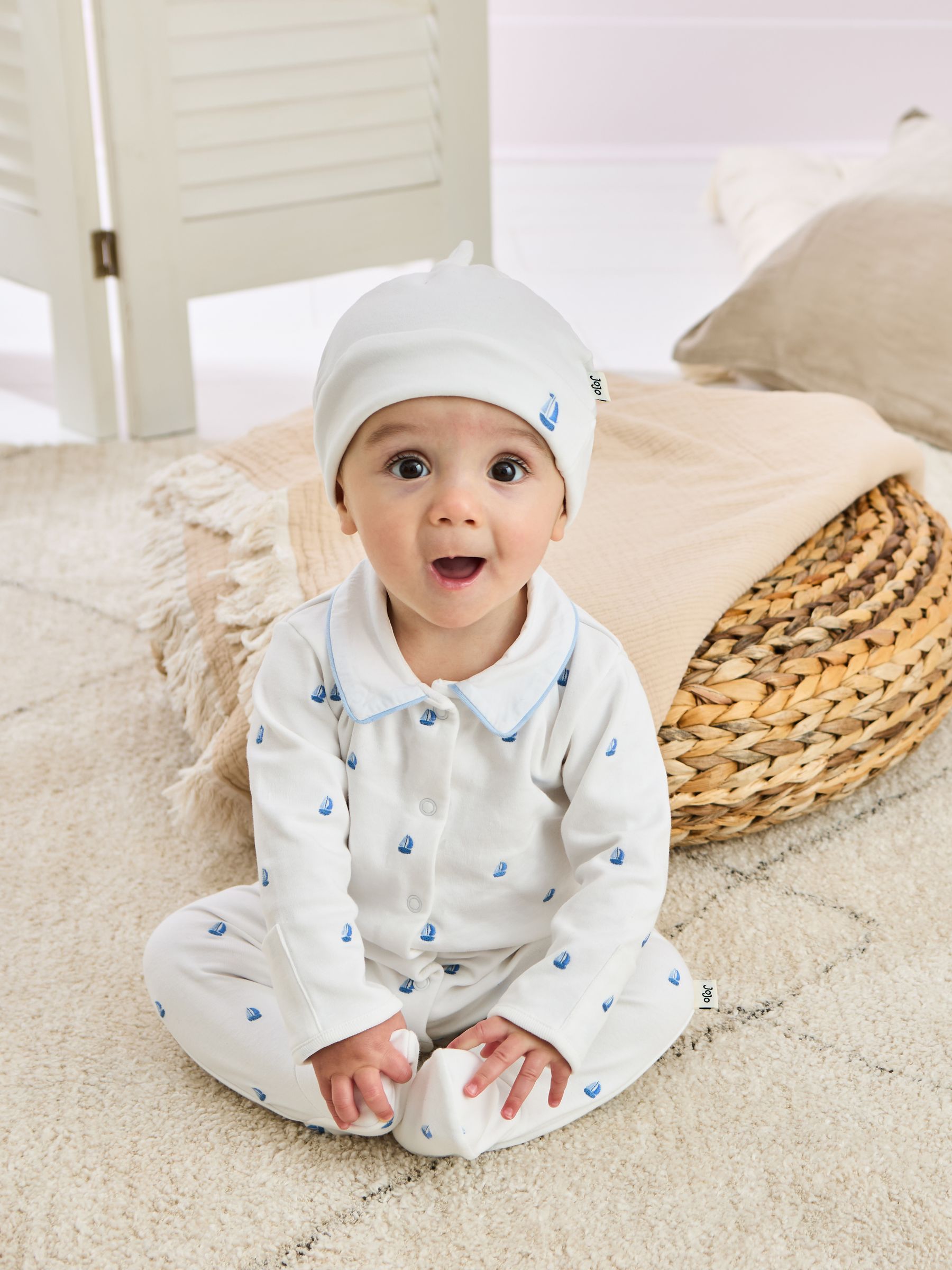White Cotton 2-Piece Embroidered Sleepsuit and Hat Set