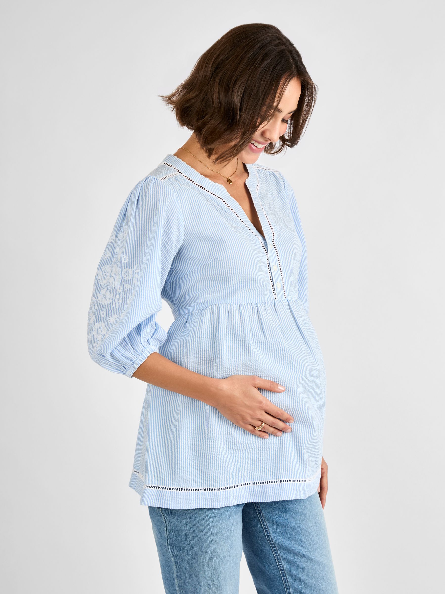 Blue Maternity Stripe Embroidered 100% Cotton Blouse