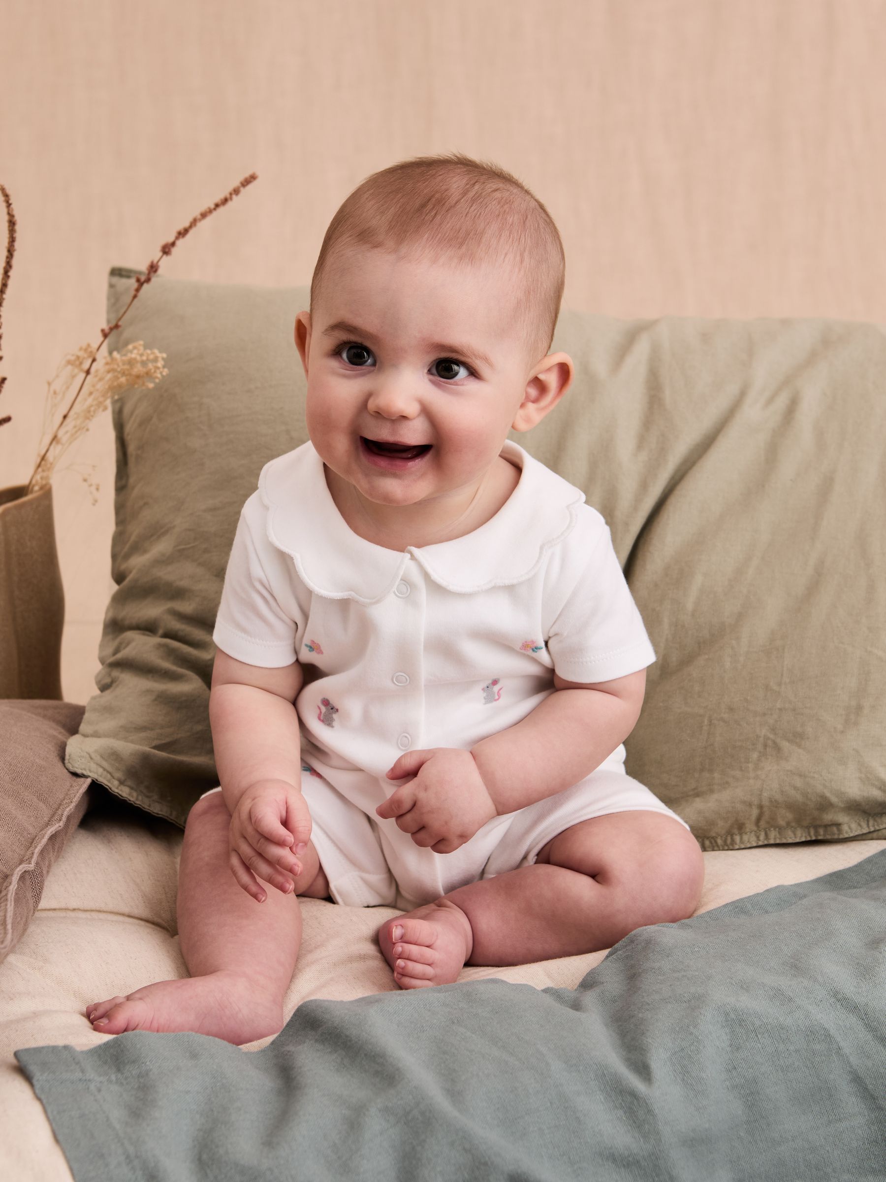 White Cotton Short Sleeve Embroidered Romper