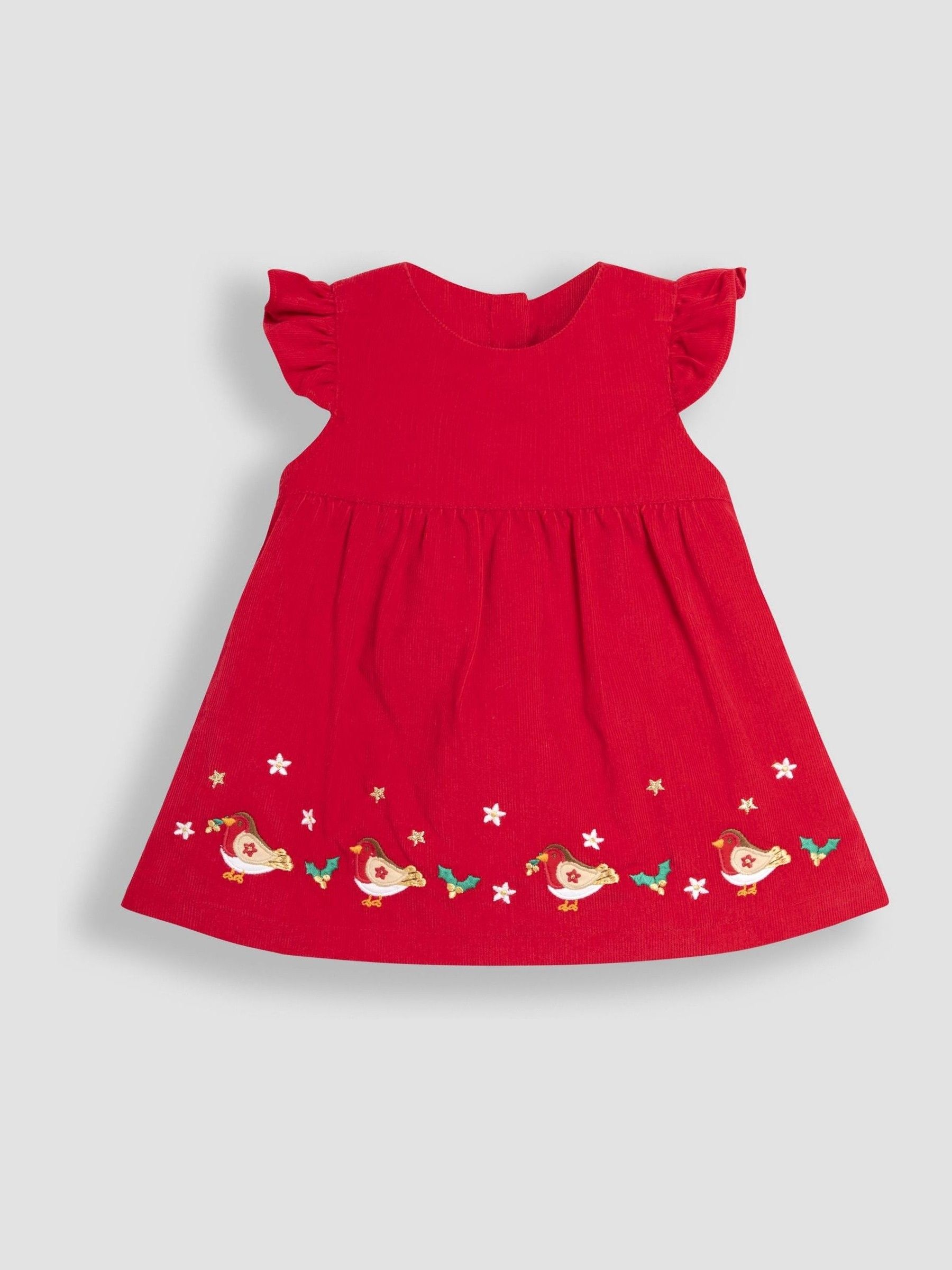 Red Baby Robin Embroidered Cord Dress and Body Set
