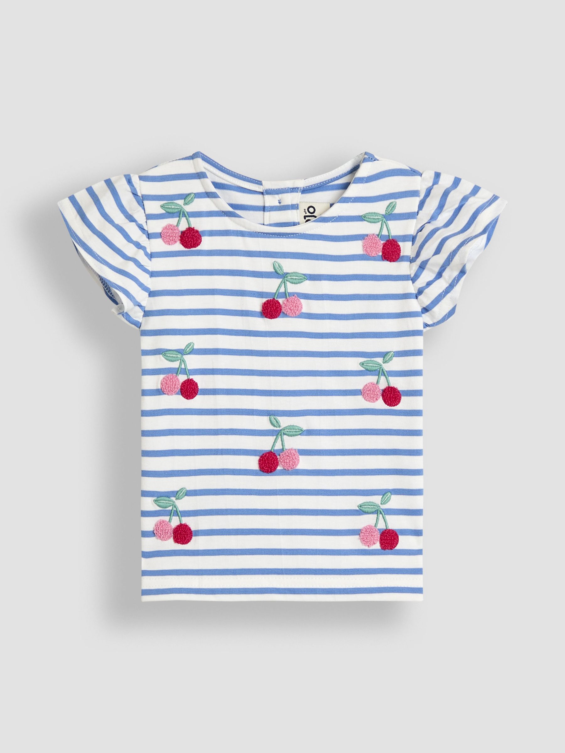 Blue Cherry Embroidered Frill Sleeve T-Shirt