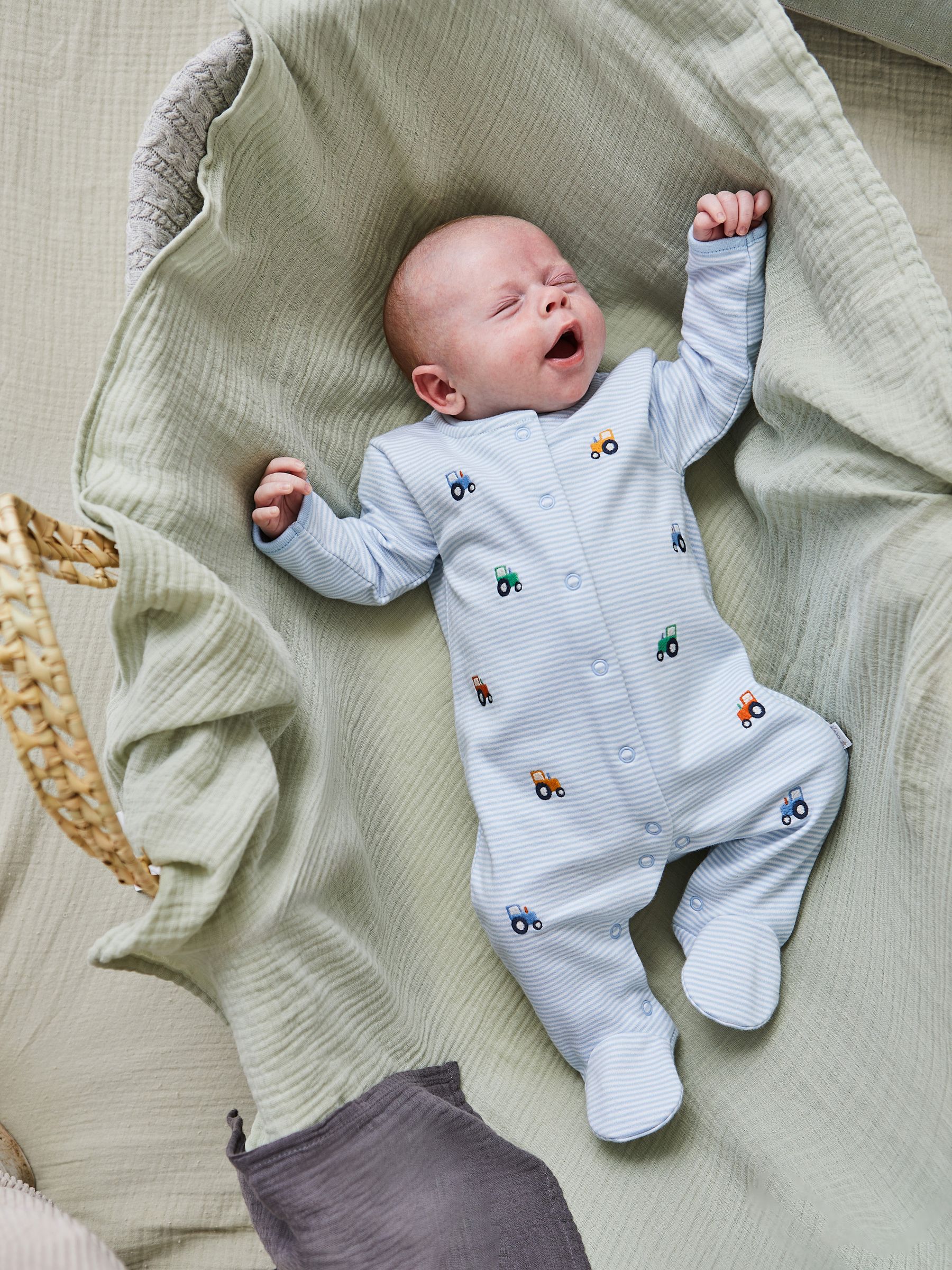Blue 100% Organic Cotton Tractor Embroidered Sleepsuit