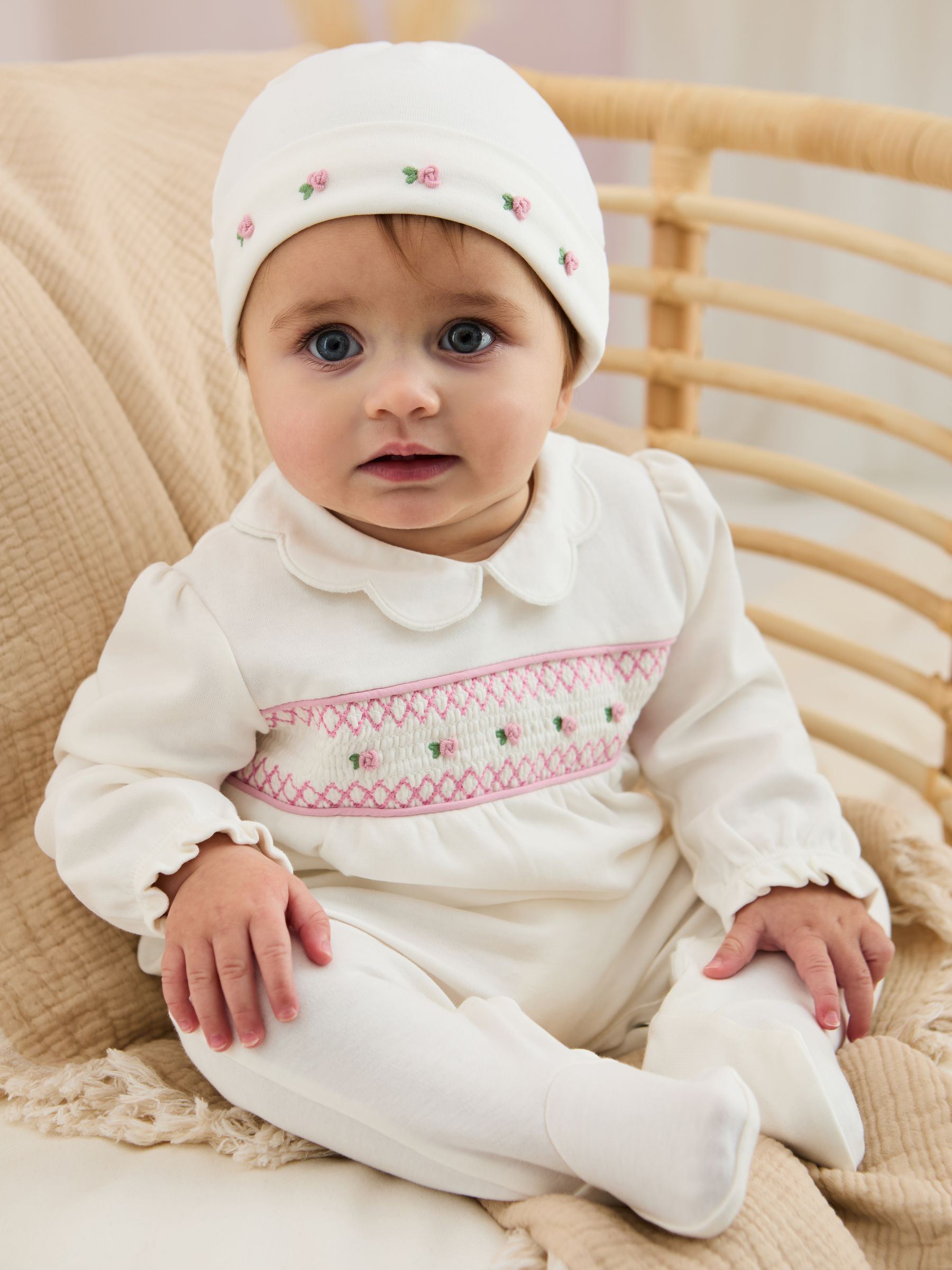 Cream 100% Cotton Smocked Sleepsuit and Hat Set 2 Piece