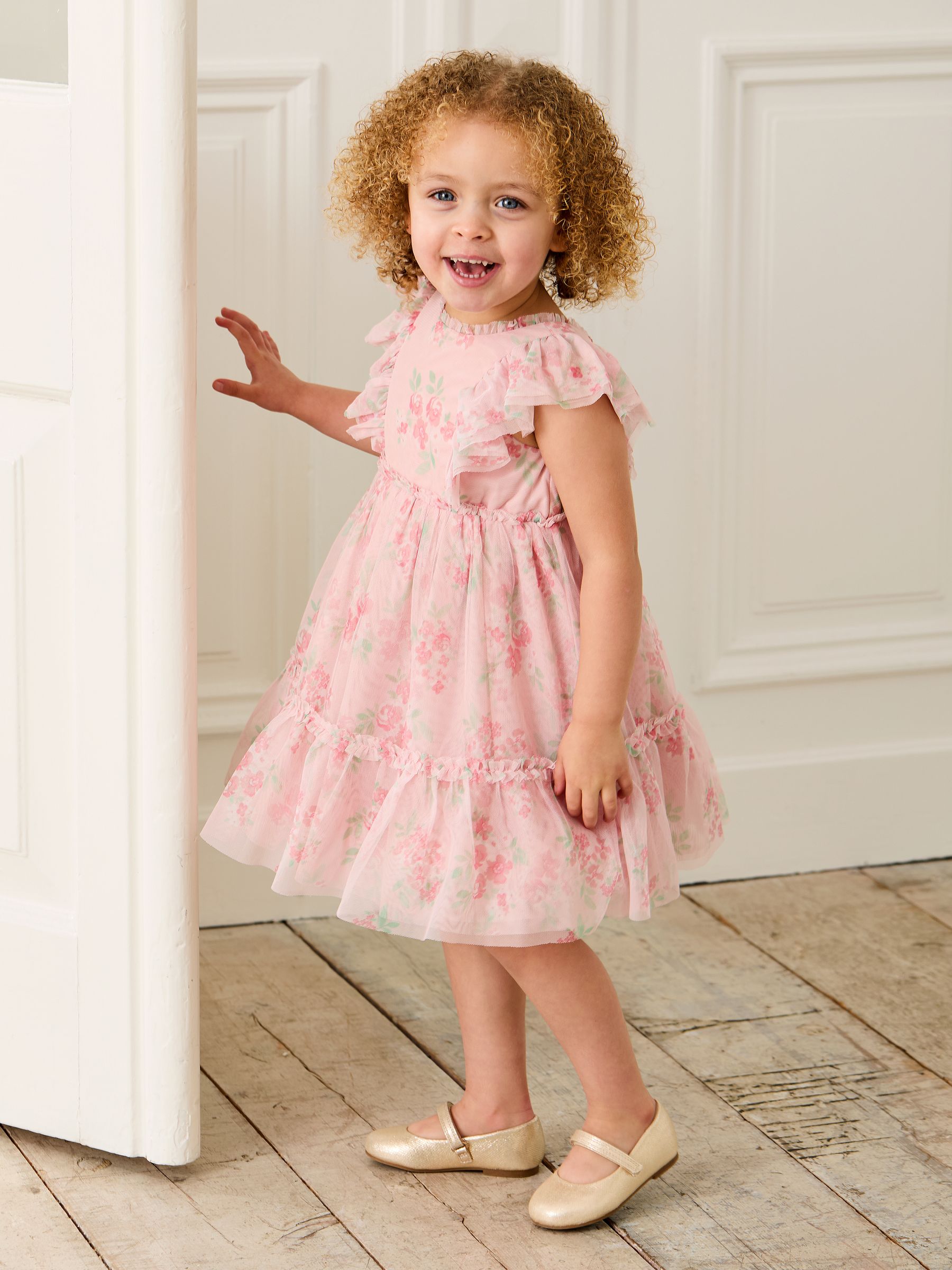 Pink Floral Floral Ruffle Shoulder Tiered Tulle Dress