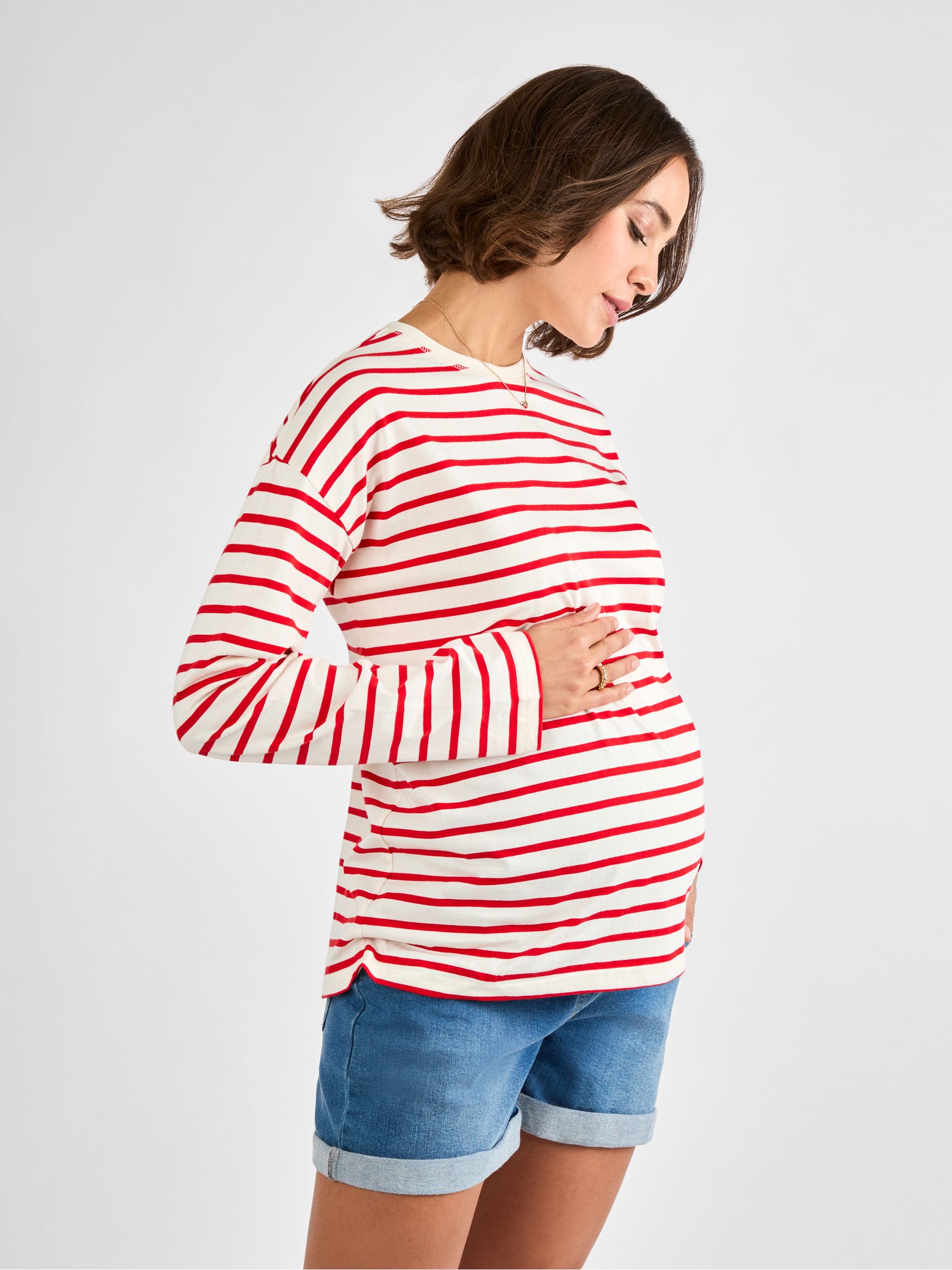 Red Stripe Long Sleeve Boyfriend Maternity T-Shirt