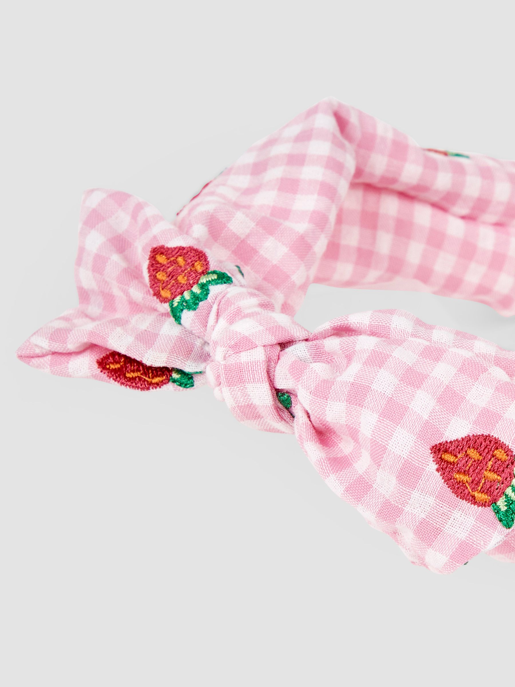 Pink Strawberry Embroidered Gingham Headband