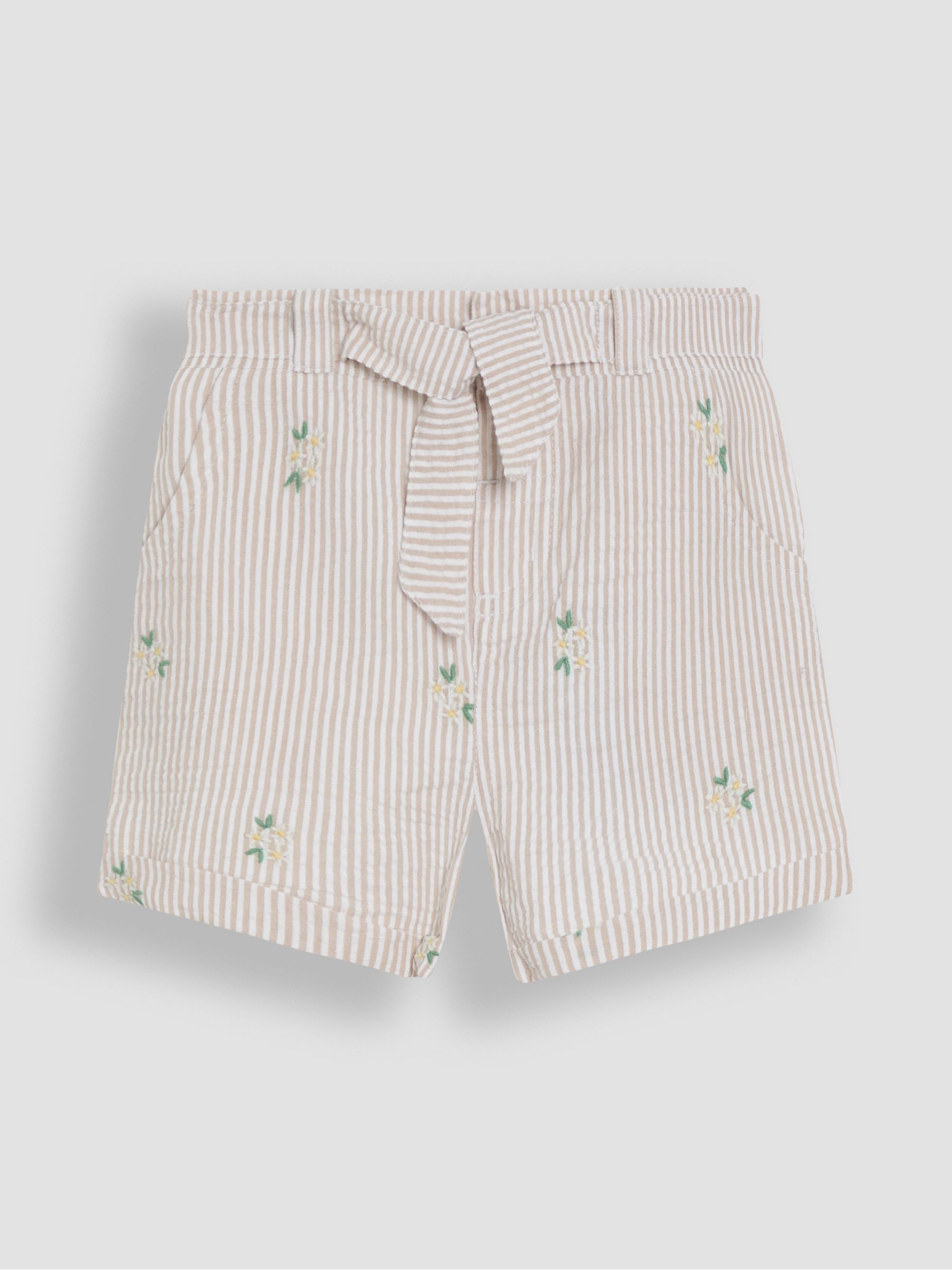 Natural Floral Seersucker Embroidered Turn-Up Hem Shorts