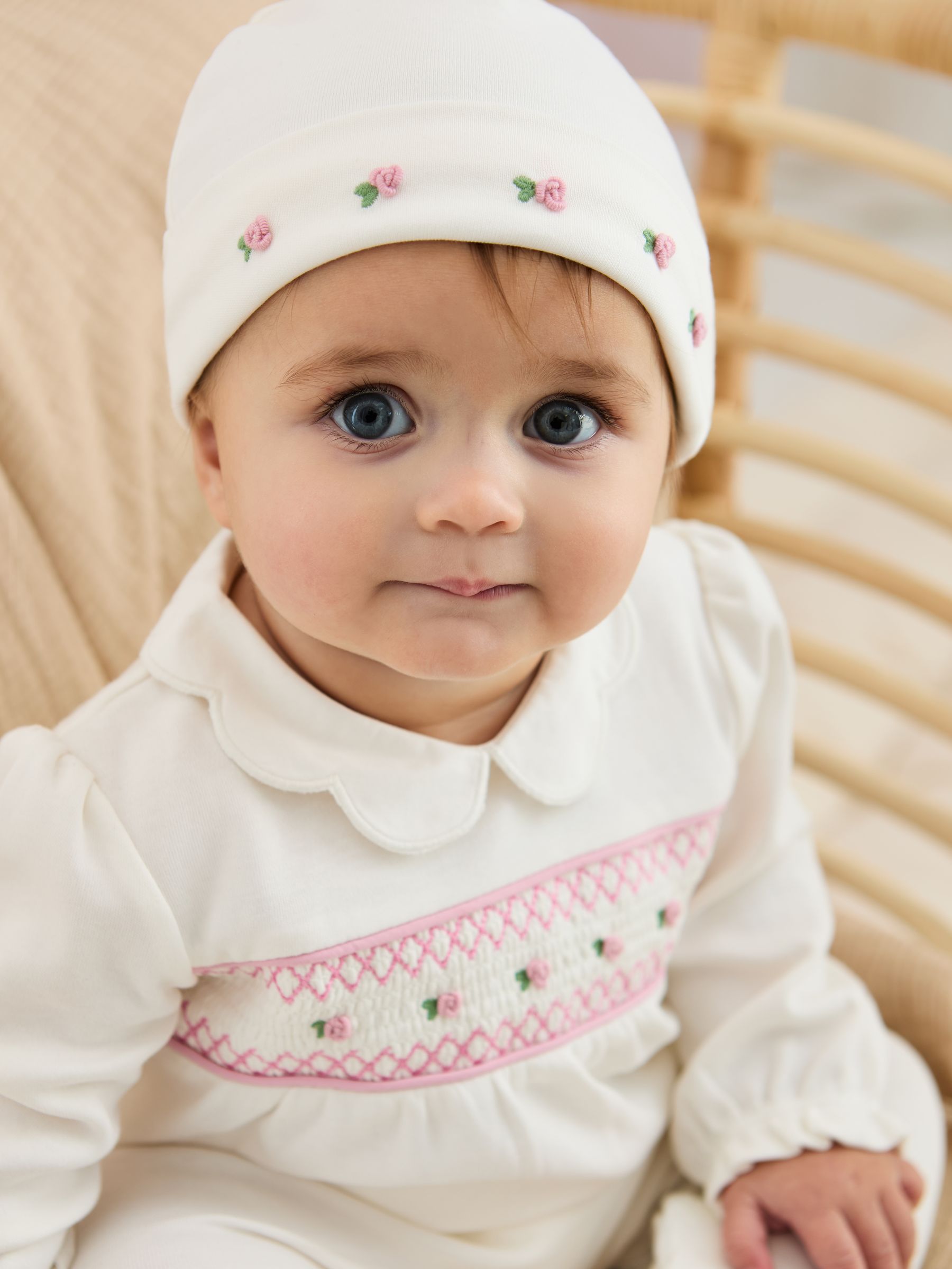 Cream 100% Cotton Smocked Sleepsuit and Hat Set 2 Piece