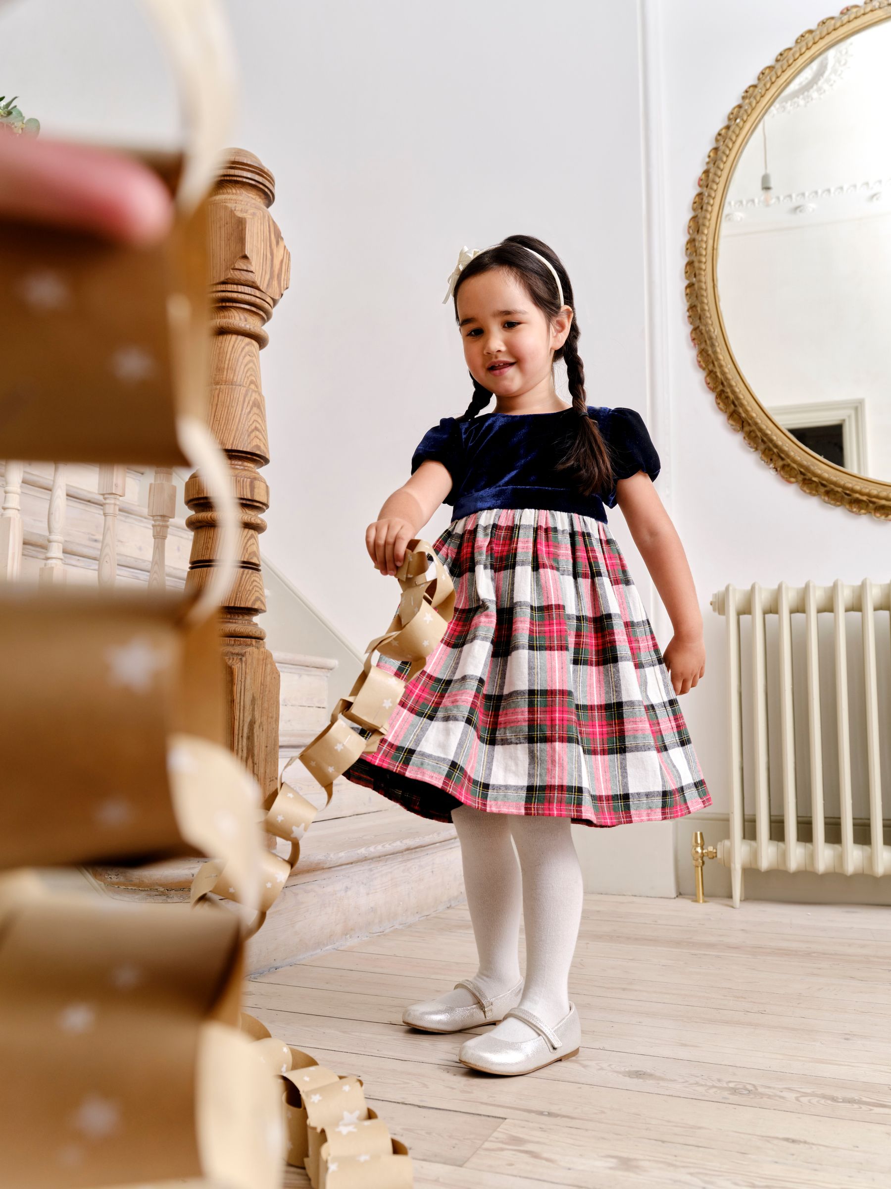Navy Blue Check & Velvet Party Dress