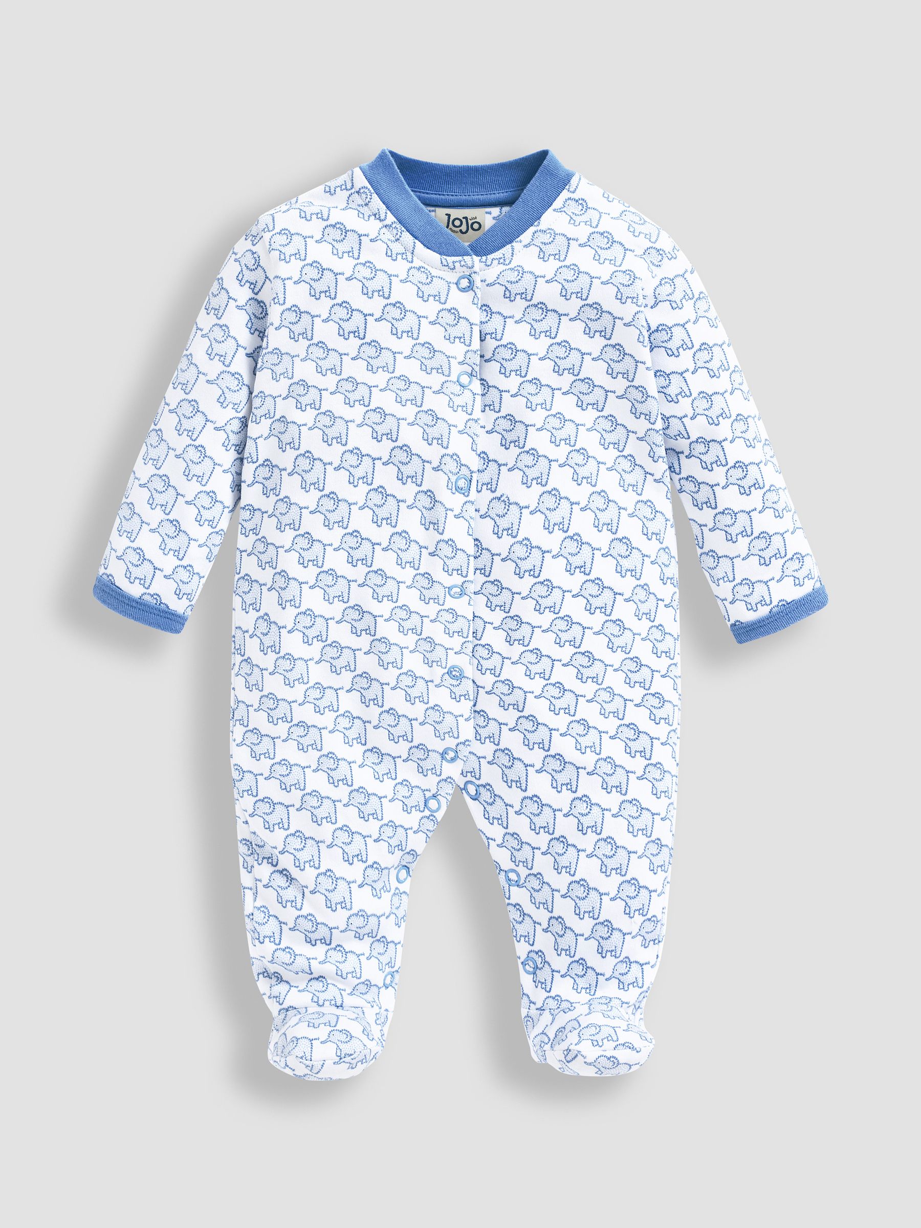 Blue Personalised Little Elephants Cotton Baby Sleepsuit