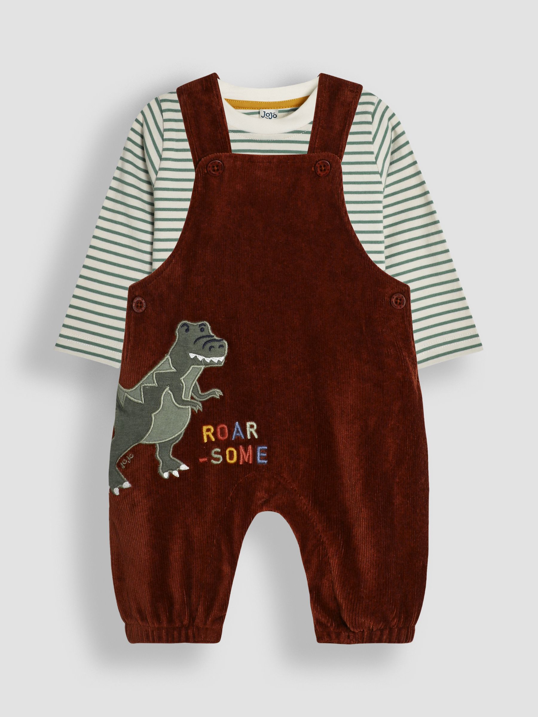 Brown T-Rex Applique Velour Dungarees & Top Set