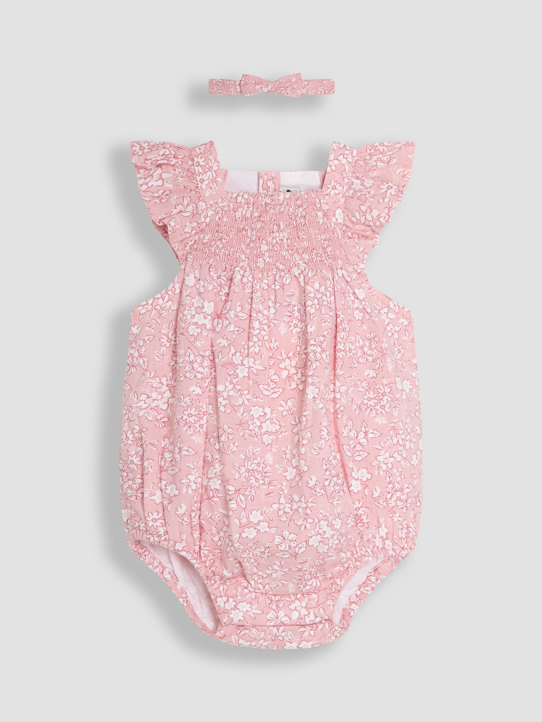 Pink Floral Smocked Bodice Romper & Headband