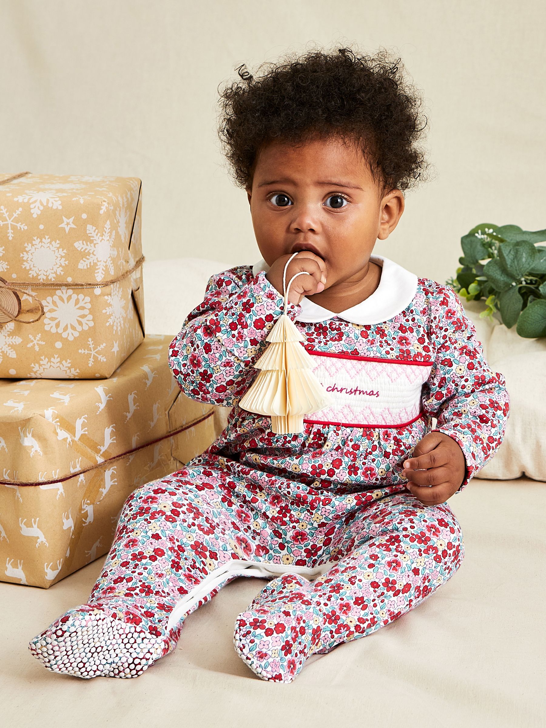 Red Floral My First Christmas Smocked Sleepsuit & Hat Set